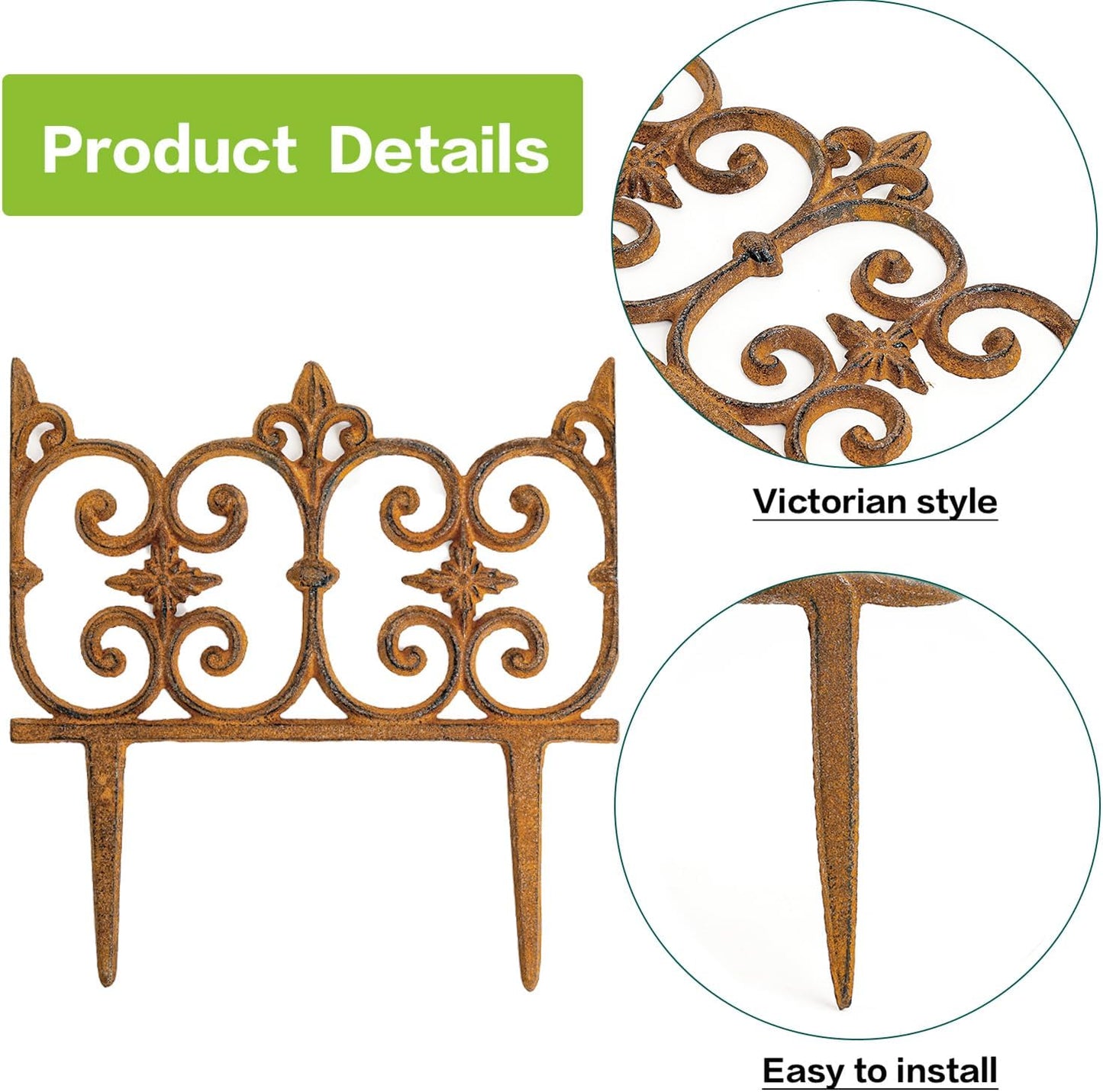 Decorative Cast Iron Garden Edging, 4 Pack Full Rusted Victorian Garden Edging Landscape Border, Vintage Metal Yard Stake Low Picket Fence