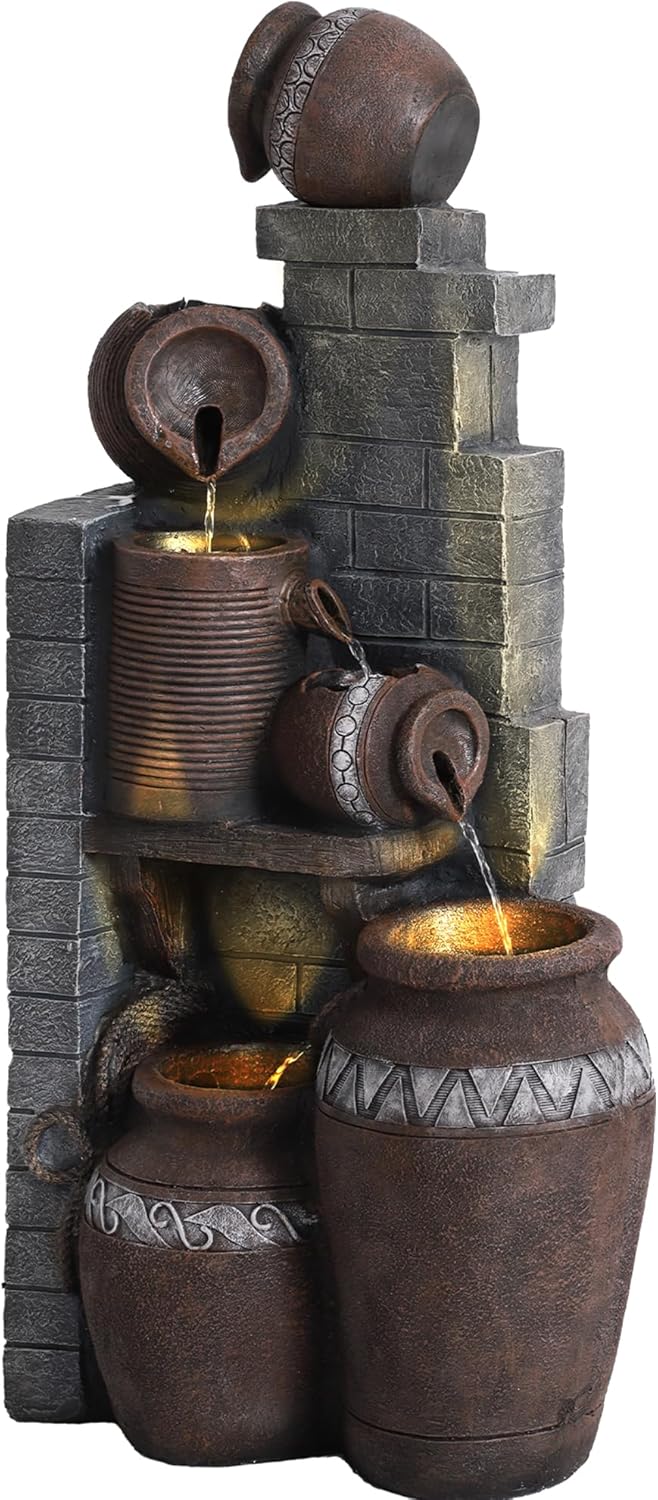 6-Tiers Garden Waterfall Fountain Outdoor - 40''H Water Fountains and Waterfalls, Large Outdoor/Indoor Floor Standing Resin Water Fountain with LED Light for Patio, Garden and Home (Grey)