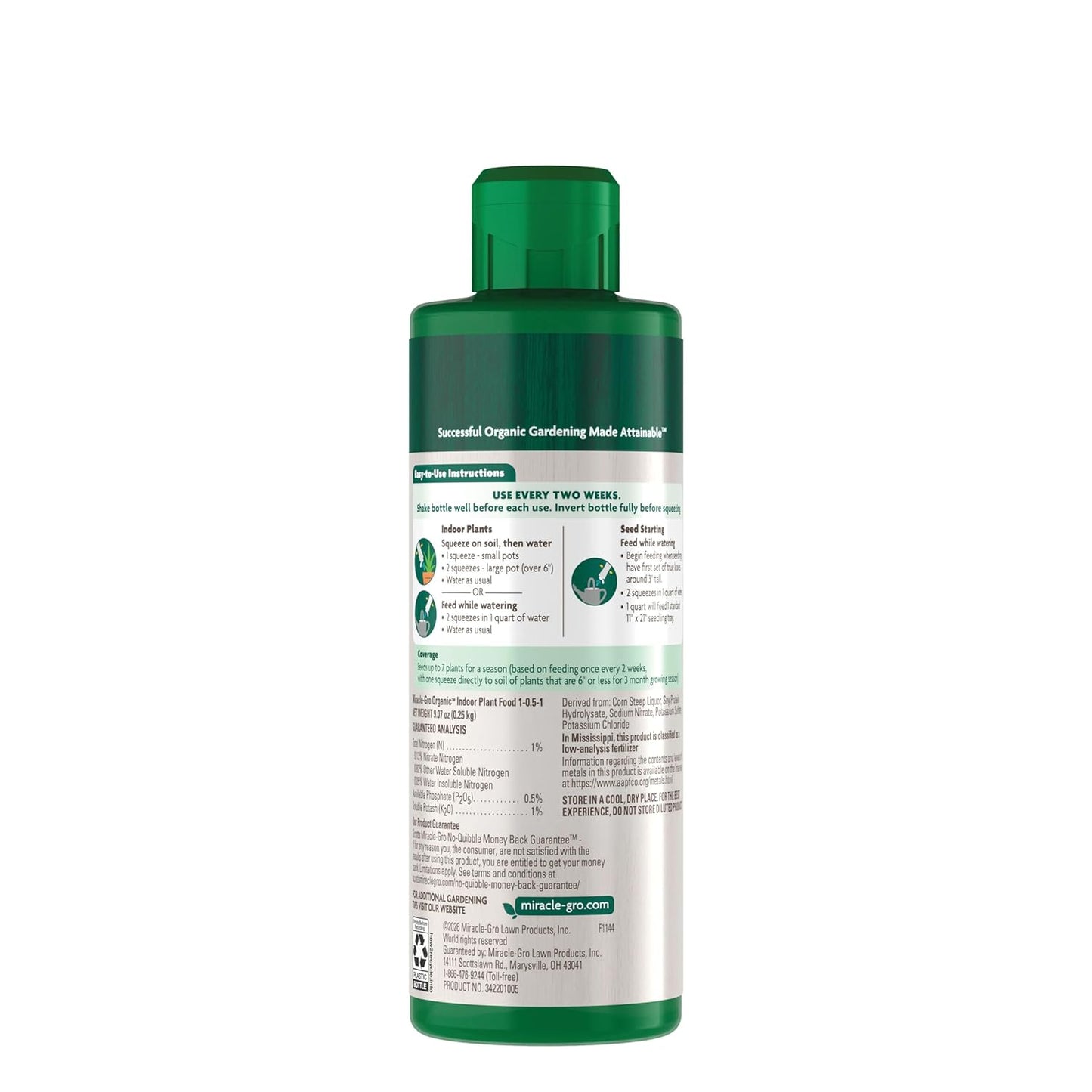Miracle-Gro Organic Indoor Plant Food, Liquid Plant Food for Houseplants, Flowers, Vegetables, and Herbs, 1-0.5-1 NPK, 8 fl. oz., 2-Pack