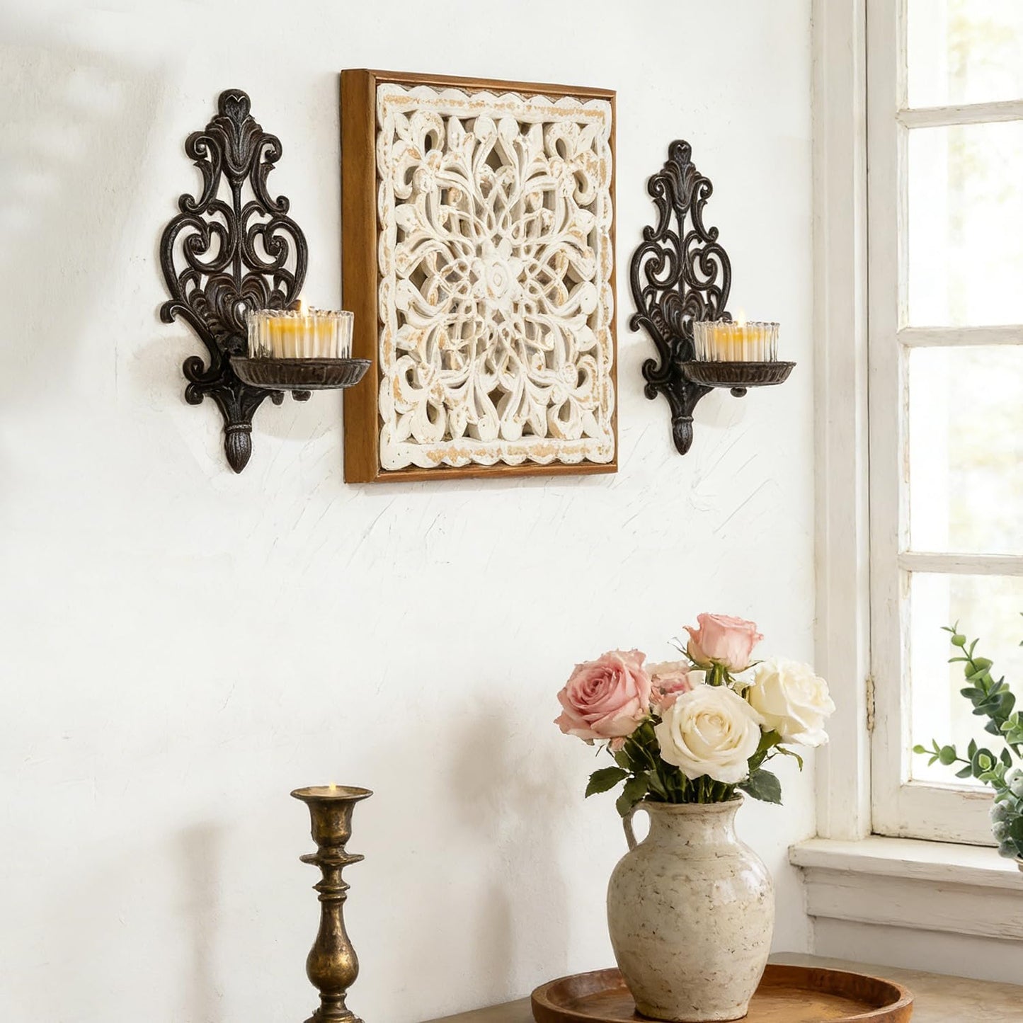 Sungmor Cast Iron Wall Candle Sconce,Ornate Scrollwork Design Tealight Stand,Rustic Wall-Mounted Decorative Sconce for Home,Bedroom,Farmhouse Decor