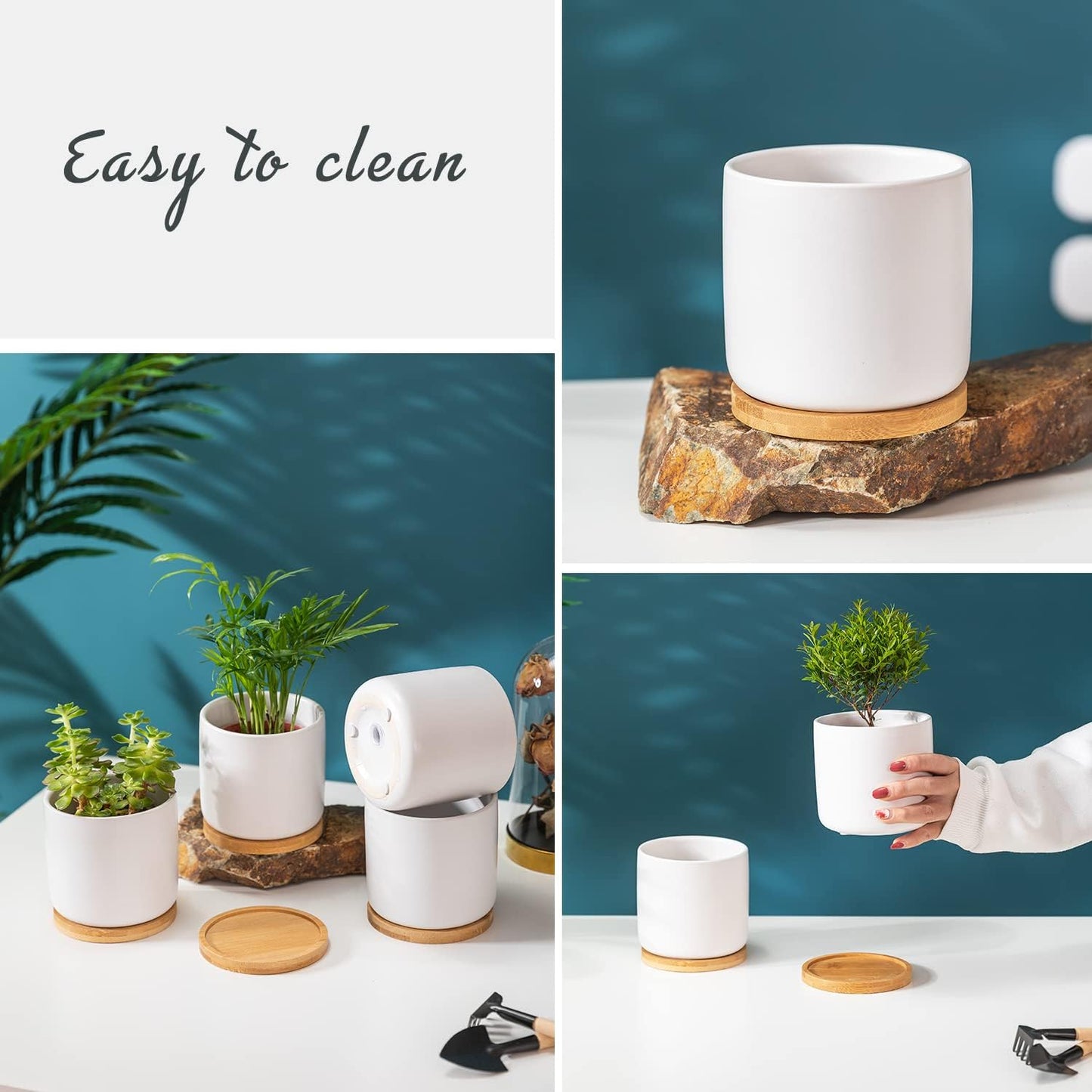 4 Inch White Ceramic Plant Pots with Drainage Holes, Adorable Flower Planter Pot with Tray for Indoor Succulent Plants, Snake Plants, Cactus & Herbs, Set of 4 (Plant Not Included)