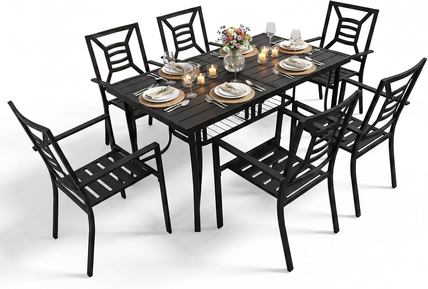 7 Piece Outdoor Patio Dining Sets, 60" Rectangular Metal Dining Table with Umbrella Hole & 6 Stackable Metal Chairs, Weather Resistant Garden Furniture Set for Backyard, Deck, Porch
