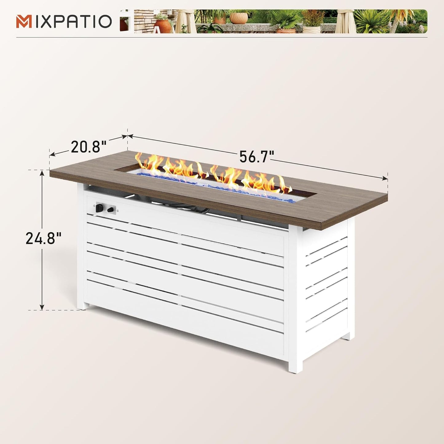 56 Inch Gas Fire Pit Table, 50,000 BTU Propane Pits for Outside with Removable Lid and Glass Fire Rocks, 2 in 1 Firepit Table Gatherings Parties on Patio Deck Garden Backyard, White