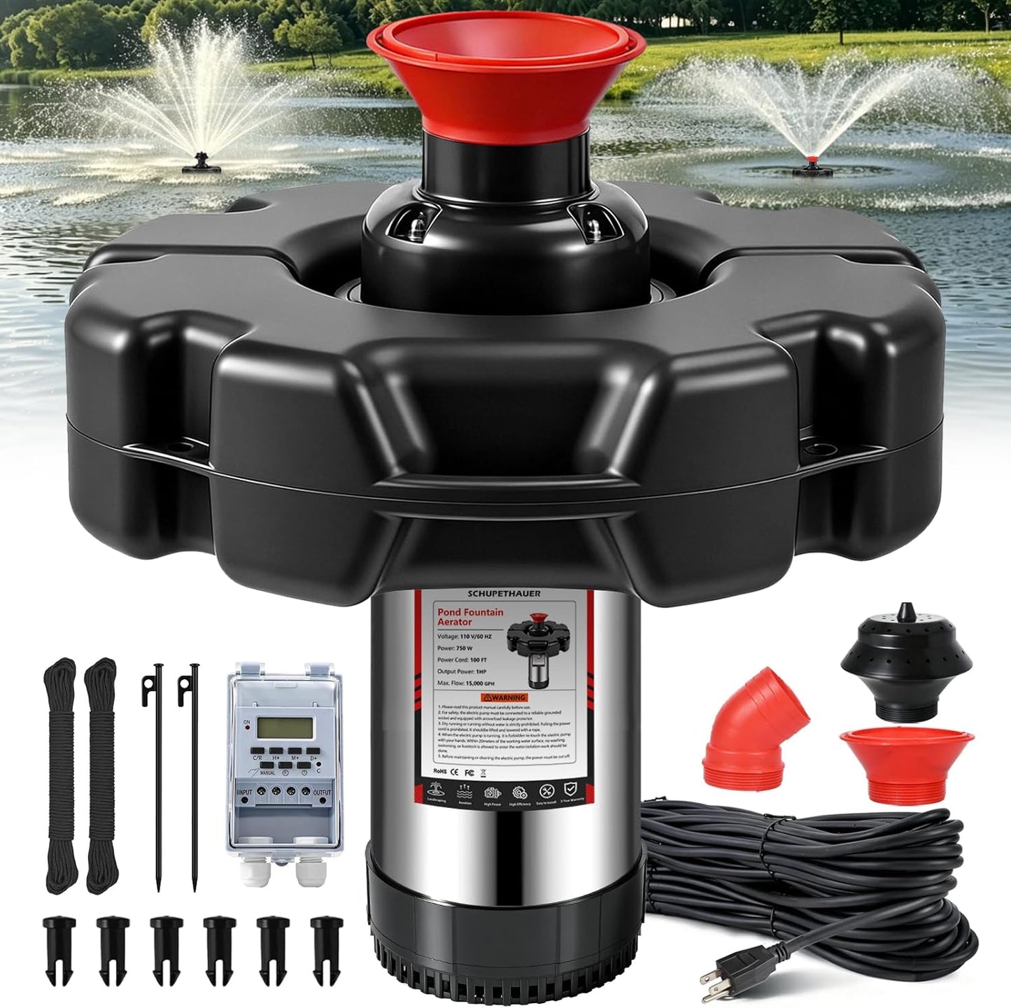 Pond Fountain Aerator, 1HP 110V 750W 15000 GPH Stainless Steel Fountain Pump with 2 Distinct Water Fountain, Fully Automatic Powerful Lake Floating Fountain, 100FT Power Cord, Rope, Timer