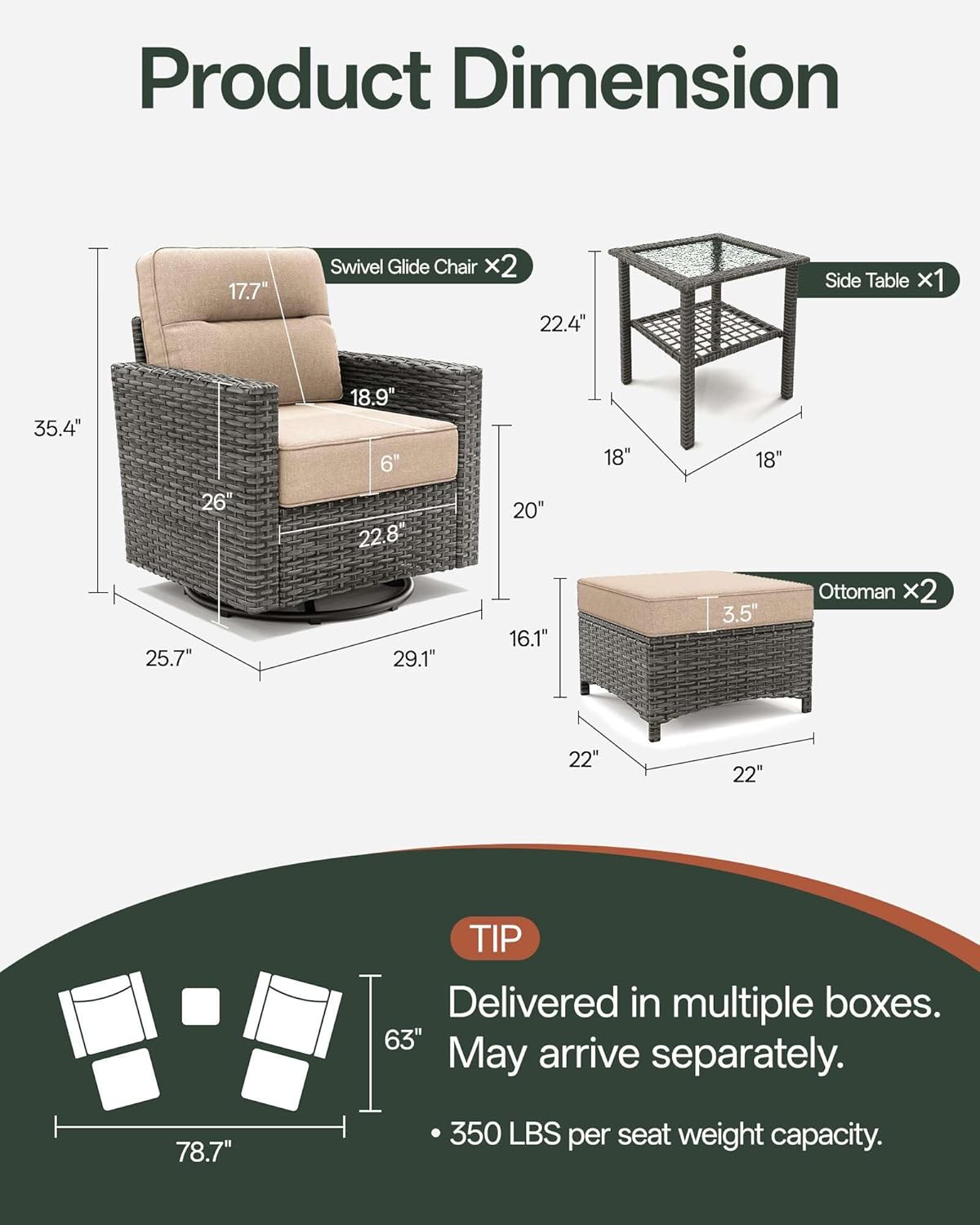 Luxury 5-Piece Patio Furniture Set with 6-Inch Thick Cushions, Outdoor Swivel Rocker Chairs Set, Wicker Conversation Set for Porch, Deck, Balcony, Yard in Beige