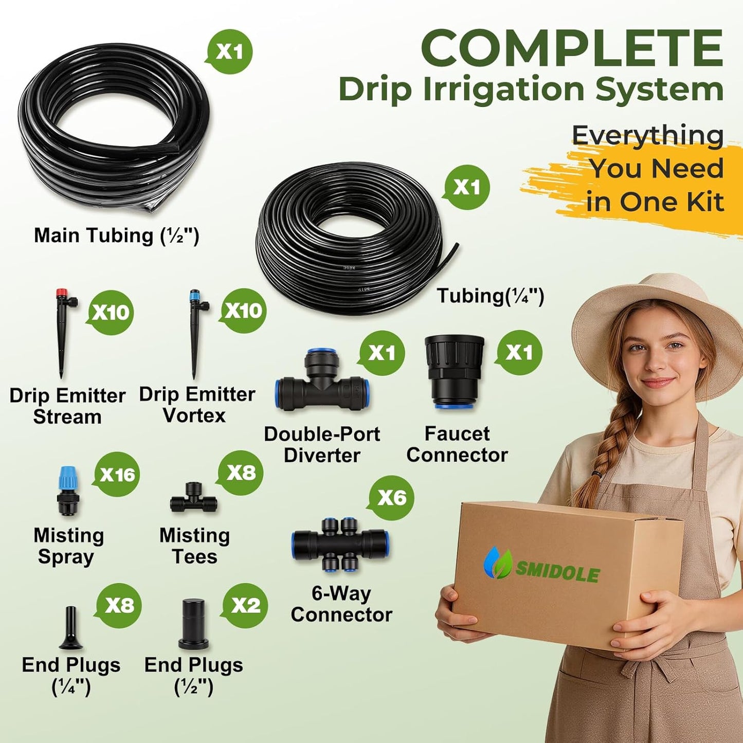 230FT Drip Irrigation System Kit, Quick Connect Garden Watering System, Complete Automatic Drip Irrigation Kit with 1/2" & 1/4" Tubing, Adjustable Emitters for Garden, Raised Beds & Greenhouse