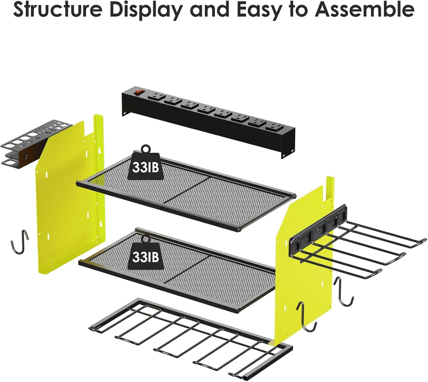 CCCEI Modular Power Tool Organizer Wall Mount Charging Station, Green 6 Drills Holder with 8 Plug Power Strip 10FT, Garage Drill Battery Heavy Duty Metal Shelf, Utility Rack with Hooks, Side Storage.
