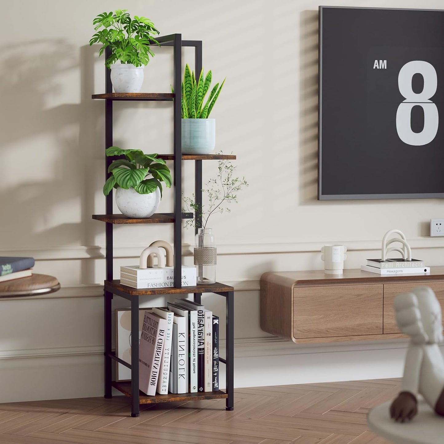 Plant Stand Indoor with Grow Light, 5-Tiered Tall Plant Stand Indoor, Metal Plant Shelf with Bookshelf Bookcase and Adjustable Light, Ideal for Living Room, Reading room, Garden, Patio (Brown)