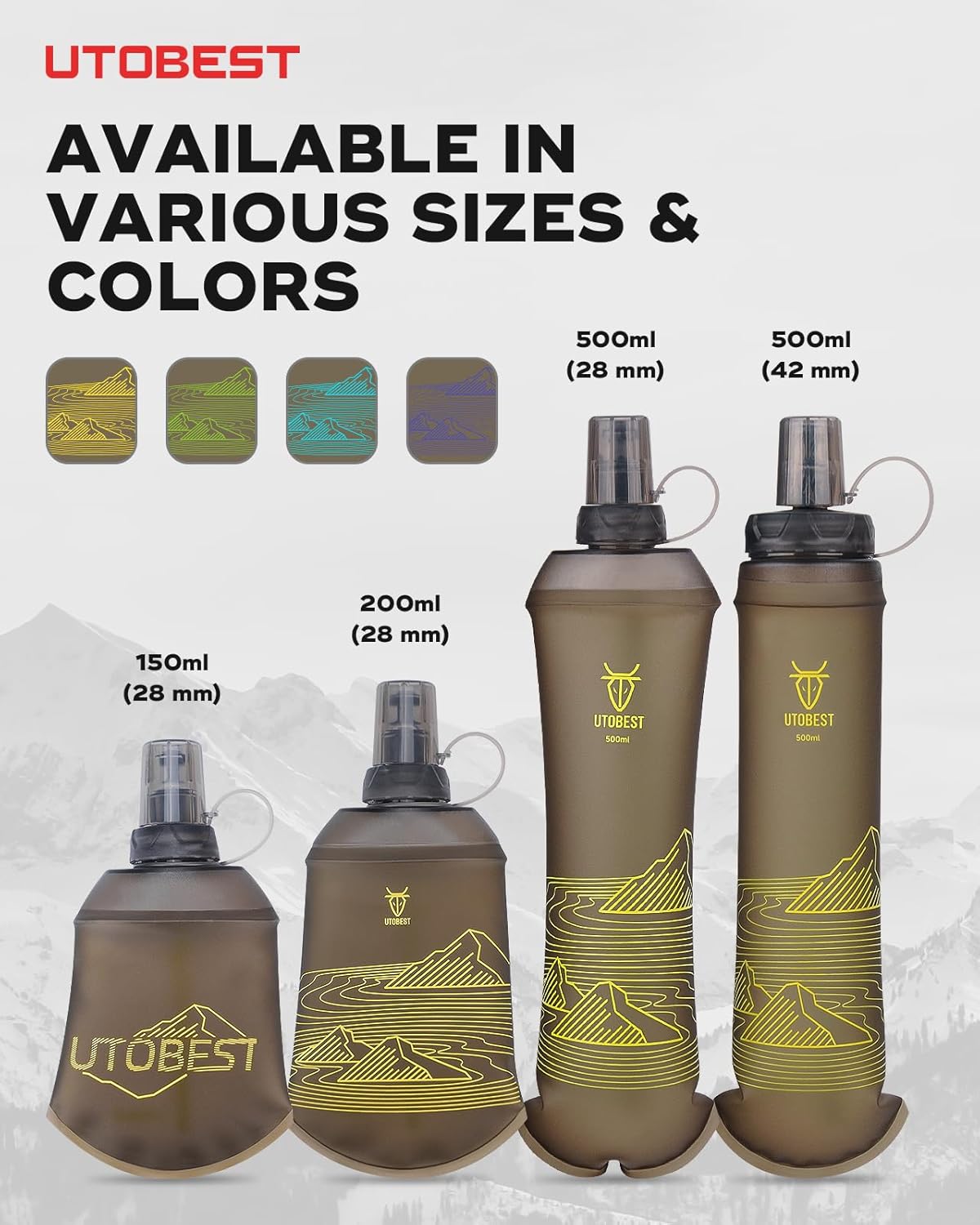 UTOBEST 200ml Soft Flask, 2 Pack Flexible TPU Hydration Water Bottle, Collapsible with 28mm Caliber for Running, Hiking, Cycling, Climbing, and Marathon Yellow