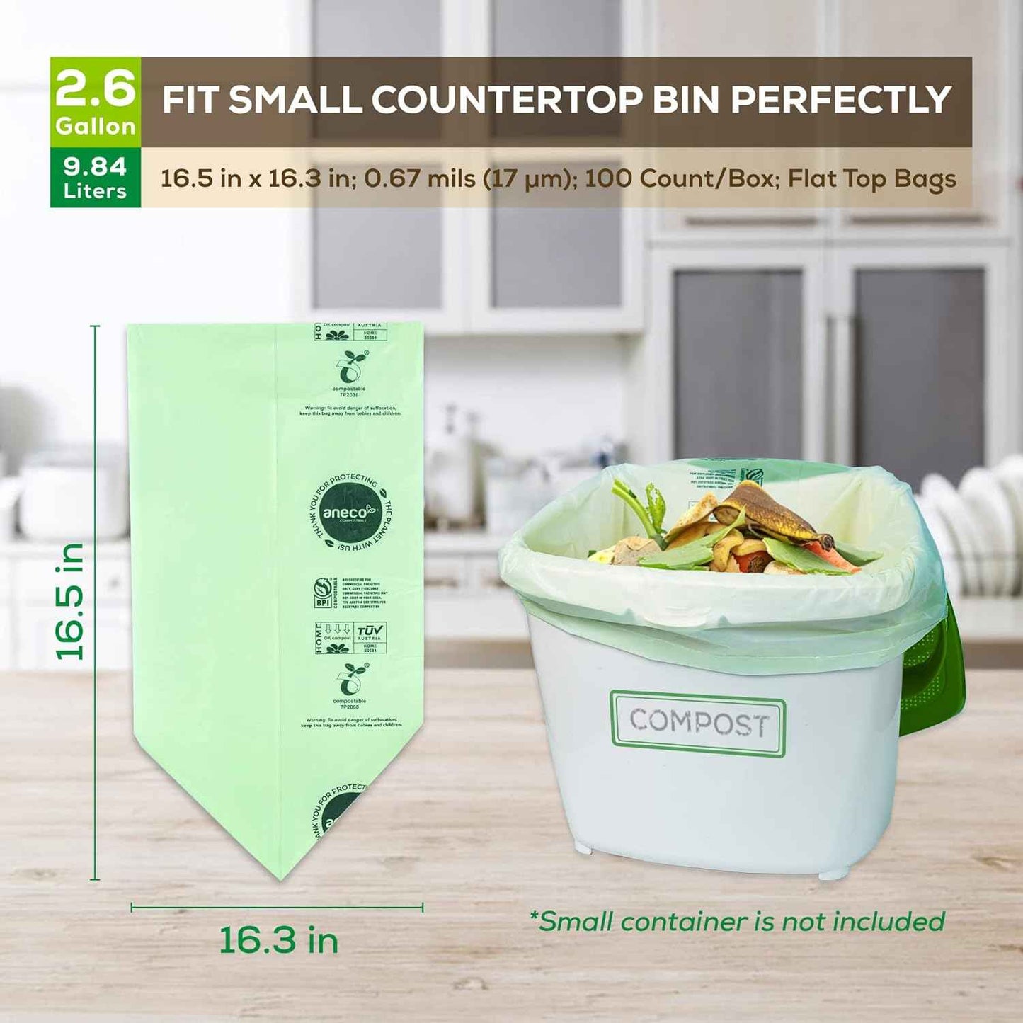 ANECO 100% Compostable Waste Bags 2.6 Gallon, Extra Thick Kitchen Small Compost Bags for Countertop Bin (100 Count)