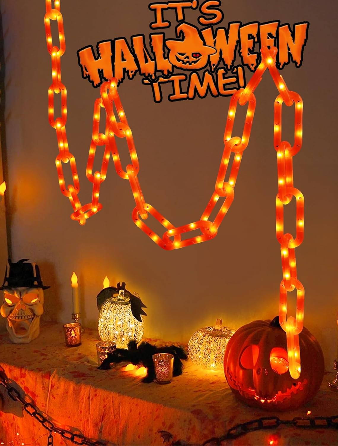 Halloween Decorations Chain Lights,10.4 Ft 175 LED Plastic Chain String Lights Battery Operated and USB,8 Lighting Modes Orange Light with Timer for Halloween Skeleton Dog Party Spooky Outdoor