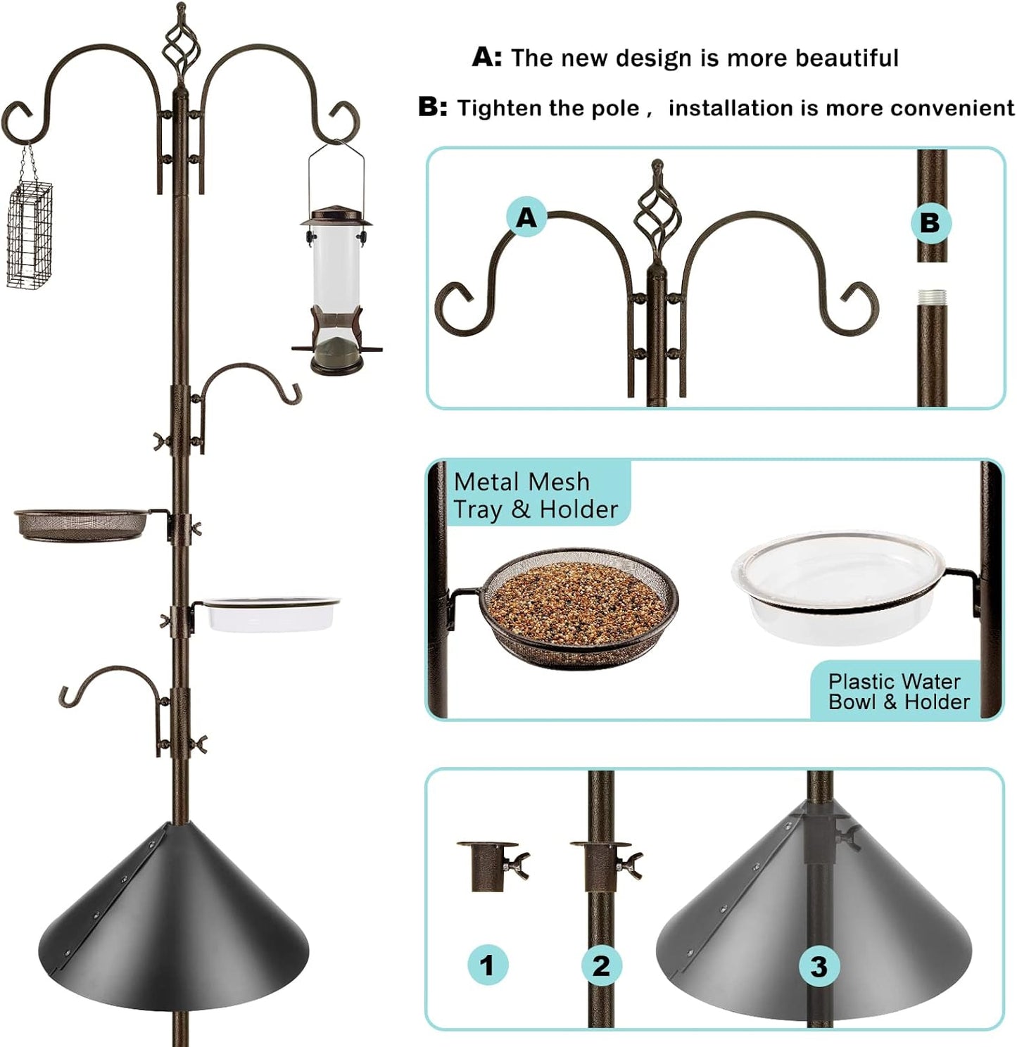 Bird Feeding Station Kit with Squirrel Baffle and Suet Cage Wild Bird Feeder Kit with Mesh Tray, Fruit Hook, and Double W Hook for Attracting Wild Birds