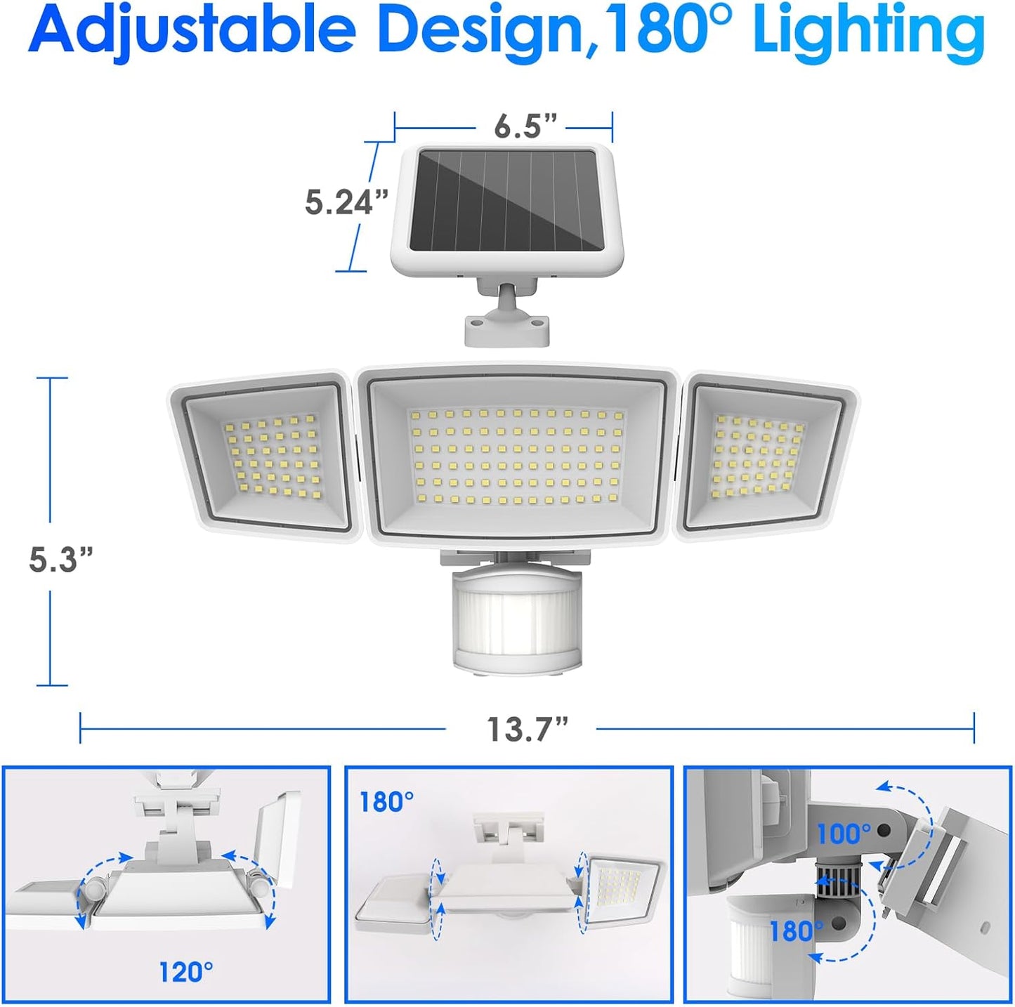 Energetic Solar Outdoor Lights, 1800LM 192 LED Security Motion Sensor Outdoor Lights with Remote Control, IP65 Waterproof Floodlight, 3 Head Motion Detected Spotlight for Garage, Pack of 2 (White)
