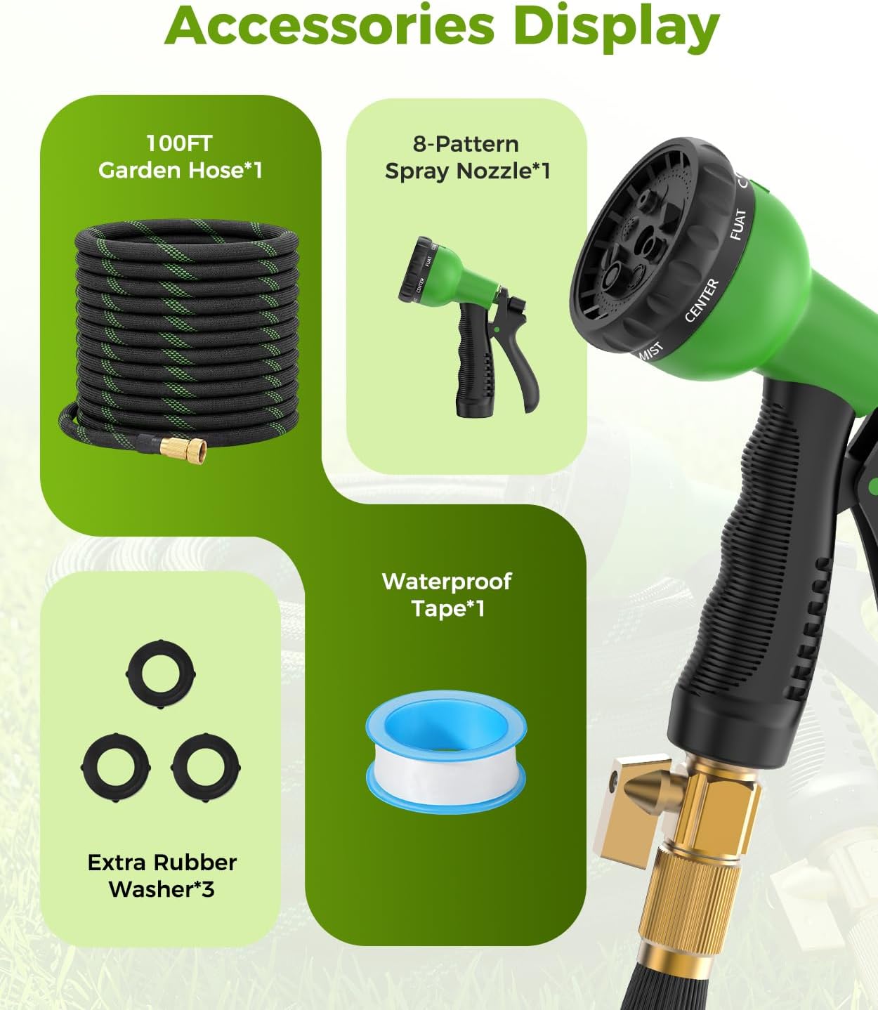 100ft Garden Hose, Non-Expandable Water Hose with 8 Function Spray Nozzle, Lightweight, Knik-Free, Burst-Resistant, Durable & Flexible 3/4" Garden Hose for Lawn, House Cleaning, Car Washing