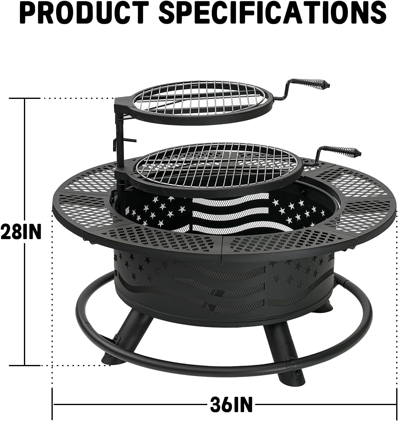 36 Inch Fire Pit with 2 Cooking Grates, Outdoor Wood Burning BBQ Grill Firepit Bowl with Cover Lid, Steel Round Table for Backyard Bonfire Patio Picnic (Black, 36IN) - Lumora Garden