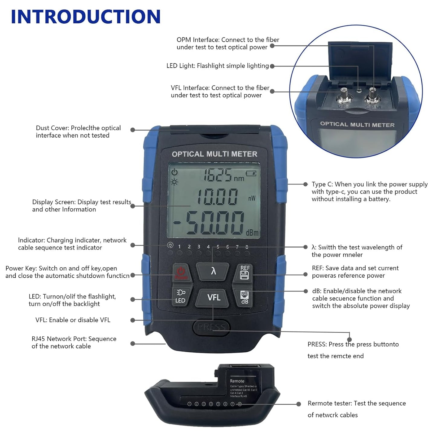 5-in-1 Fiber Optic Cable Tester - Portable Optical Power Meter With Light, FC/SC/ST Universal Interface