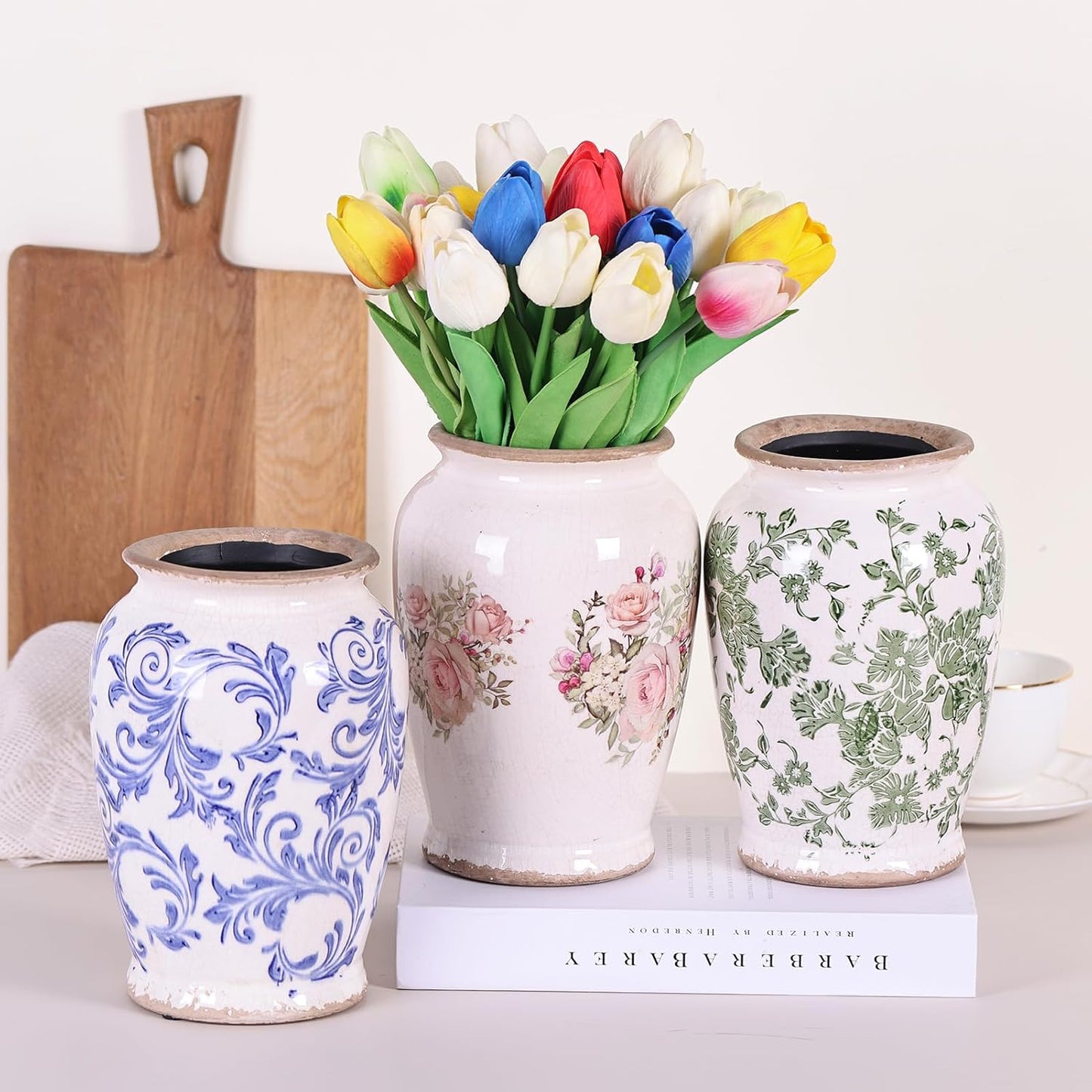 Vintage Vase for Flowers,Pink Chinoiserie Ceramic Vase,Rustic Farmhouse Cracked Vases,for Flower Arrangement,Living Room, Office, Shelf, Fireplace Tables,Centerpieces,Chinoiserie Pottery Decor(A)