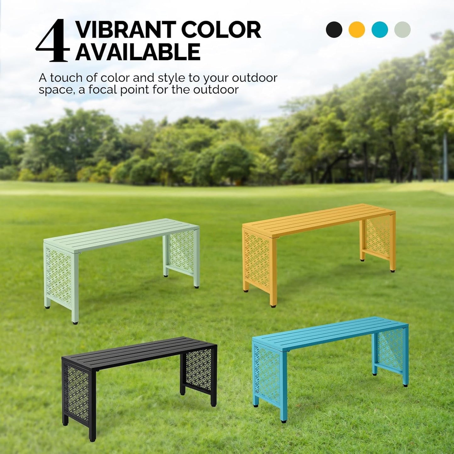 VINGLI 40in Outdoor Metal Bench, All-Weathe Backless Patio Bench with Slatted Seat&Floral Side Panels, Rust-Resistant Garden Bench, Weatherproof Outdoor Seating for Porch Entryway Backyard (Black)