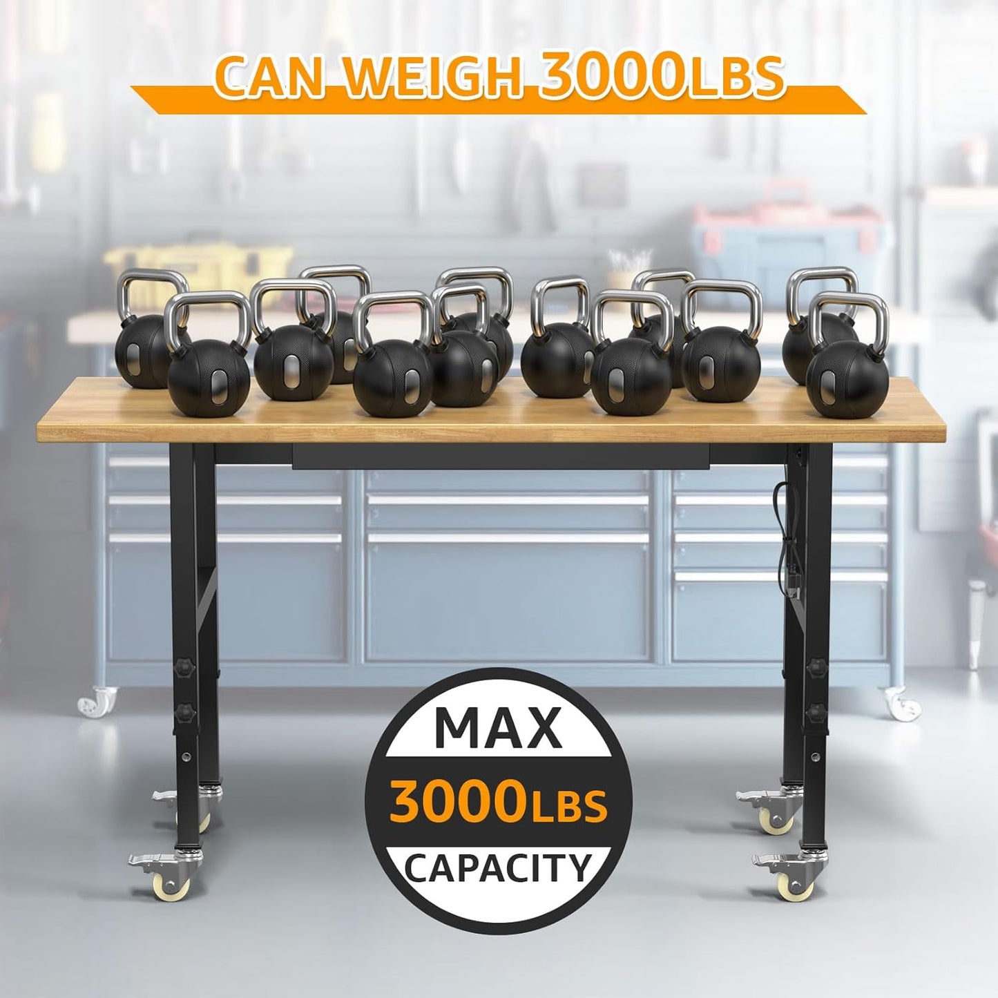 60" Adjustable Workbench,Heavy-Duty Work Table,3000 LBS Load Capacity Hardwood Workstation Outlets with Power Strips, Drawers and Wheels,for Workshop, Garage