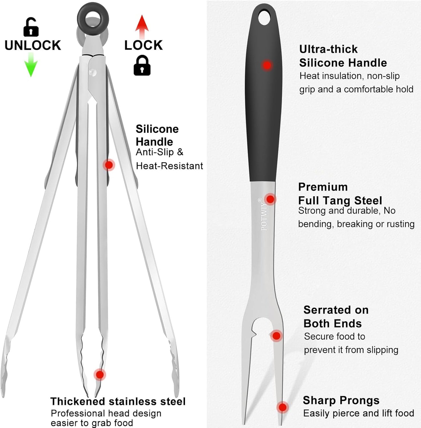 BBQ Grilling Accessories, 3Pcs Stainless Steel Grill Tools Accessories Set with Spatula, Fork and Tongs, Barbecue Utensils Grilling Tools for Outdoor Camping, Heat-Resistant Silicone Handle