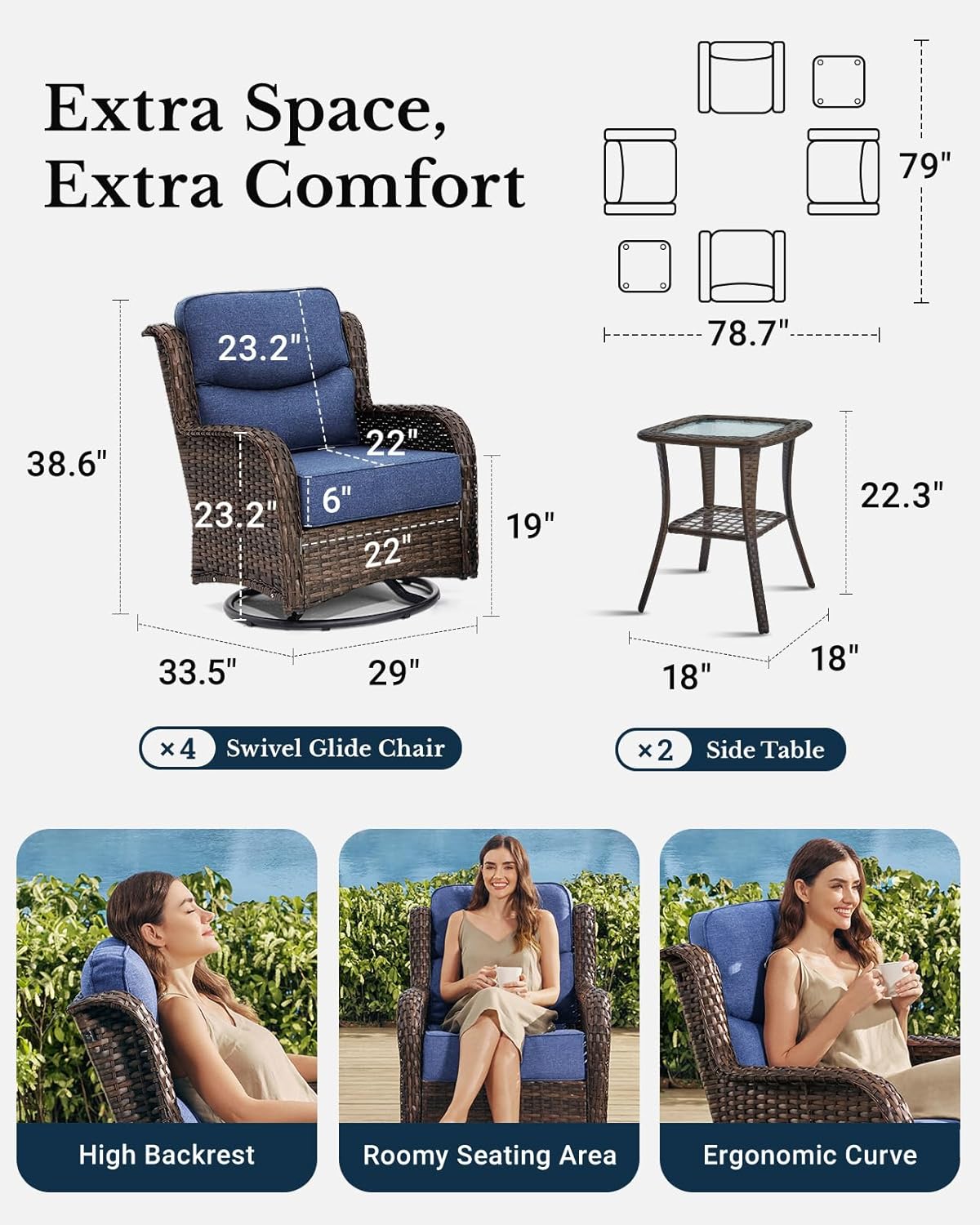 HILLGA Luxury Patio Furniture Set with 6-inch Thick Cushion, Outdoor High Back Swivel Rocker Patio Chairs, 6PCS Wicker Conversation Set for Deck Yard and Poolside, Blue (V2)