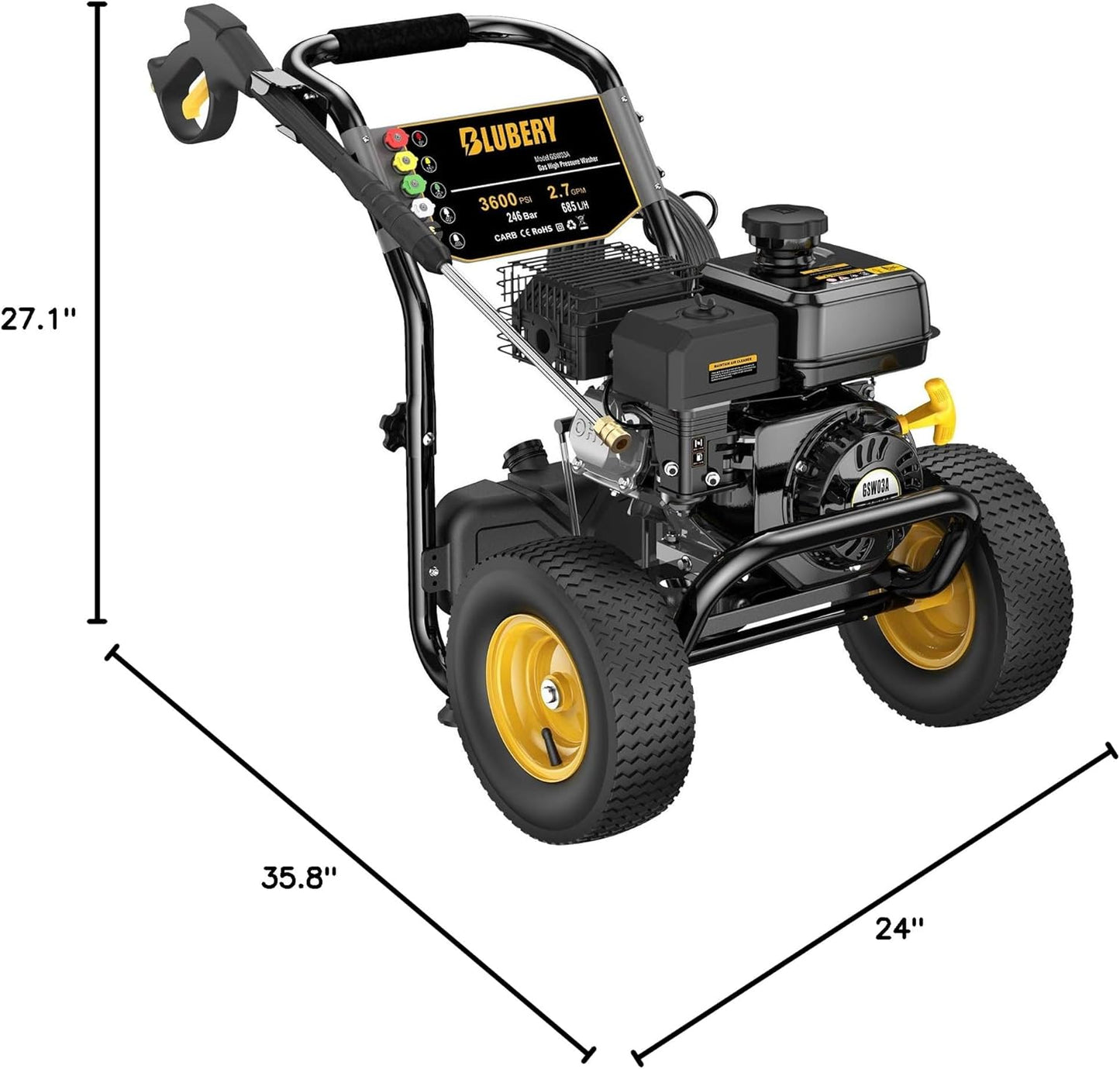 3600 PSI & 2.7 GPM Gas Pressure Washer, Heavy Duty Power Washer, 30Ft High Pressure Hose&Soap Tank, 5 Adjustable Nozzles, EPA/CARB Compliant,Black
