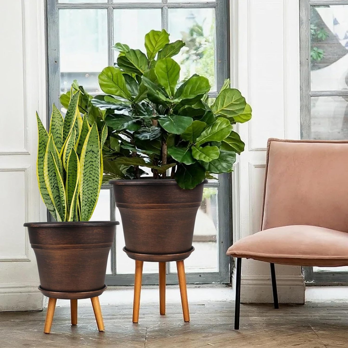 Plant Planters Pots Set of 4 Pack 8 Inch, Plastic Flower Pot for Indoor Plants with Drainage Holes & Trays, Resin Decorative Container Sets with Saucer for House Outdoor Garden Planters Copper
