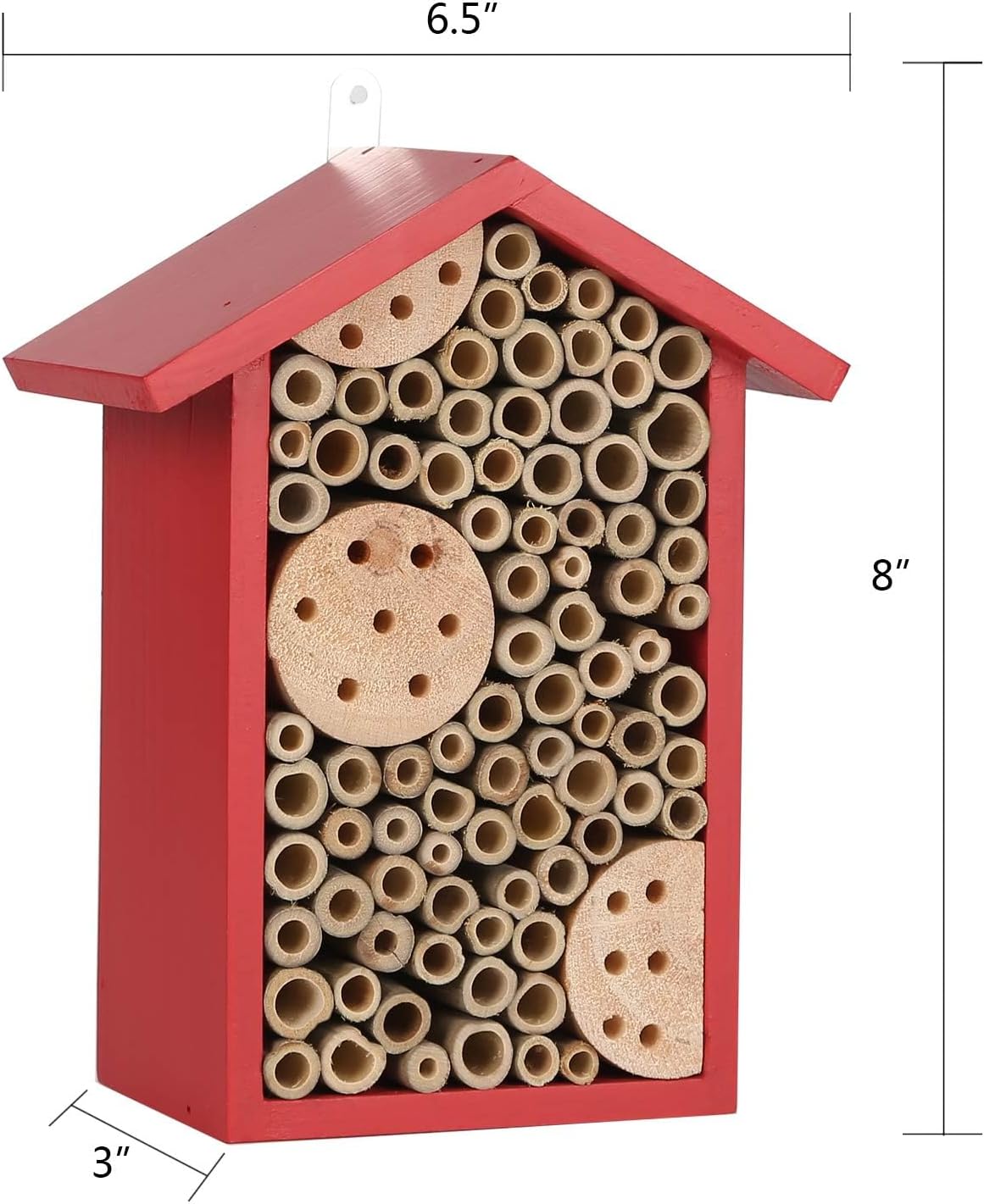 Topadorn Red Wooden Bee House, Natural Bamboo Tube Bee Hotel for Mason Bees, Outdoor Garden Pollinator Shelter with Hanging Ring