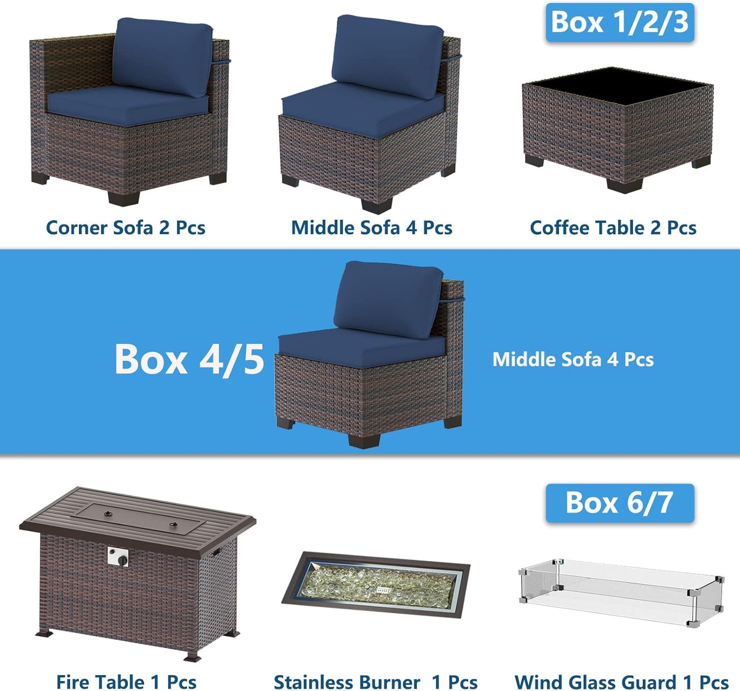 Outdoor Patio Furniture Set with Gas Fire Pit Table, 13 Pieces Outdoor Furniture Set Patio Sectional Sofa w/43in 55000 BTU Propane Fire Pit, PE Wicker Rattan Patio Conversation Sets - Dark Blue