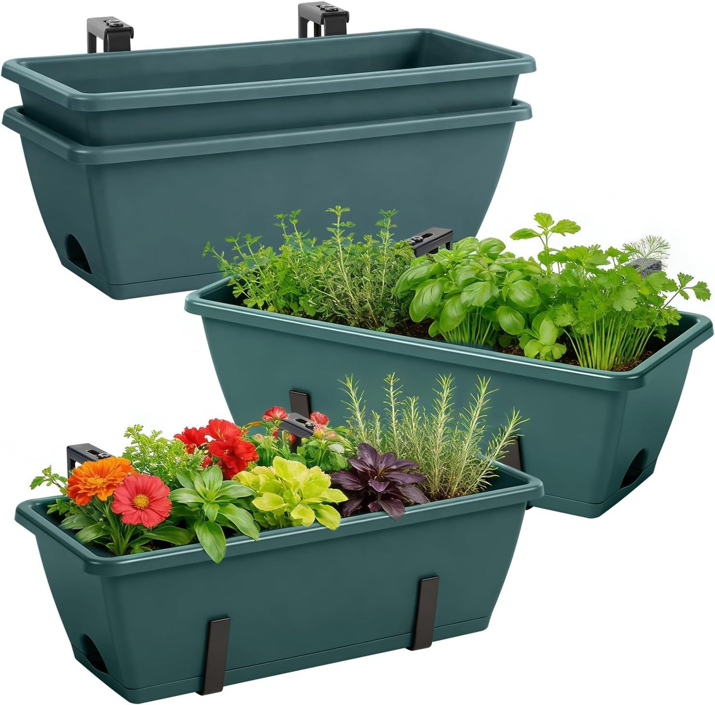 Railing Planter Box 4 Pack Deck Porch Railing Planters 17 inch Window Boxes Planters with Adjustable Brackets, Hanging Wall Planters for Plants, Fence Apartment Balcony Patio Over Rail Decor, Green