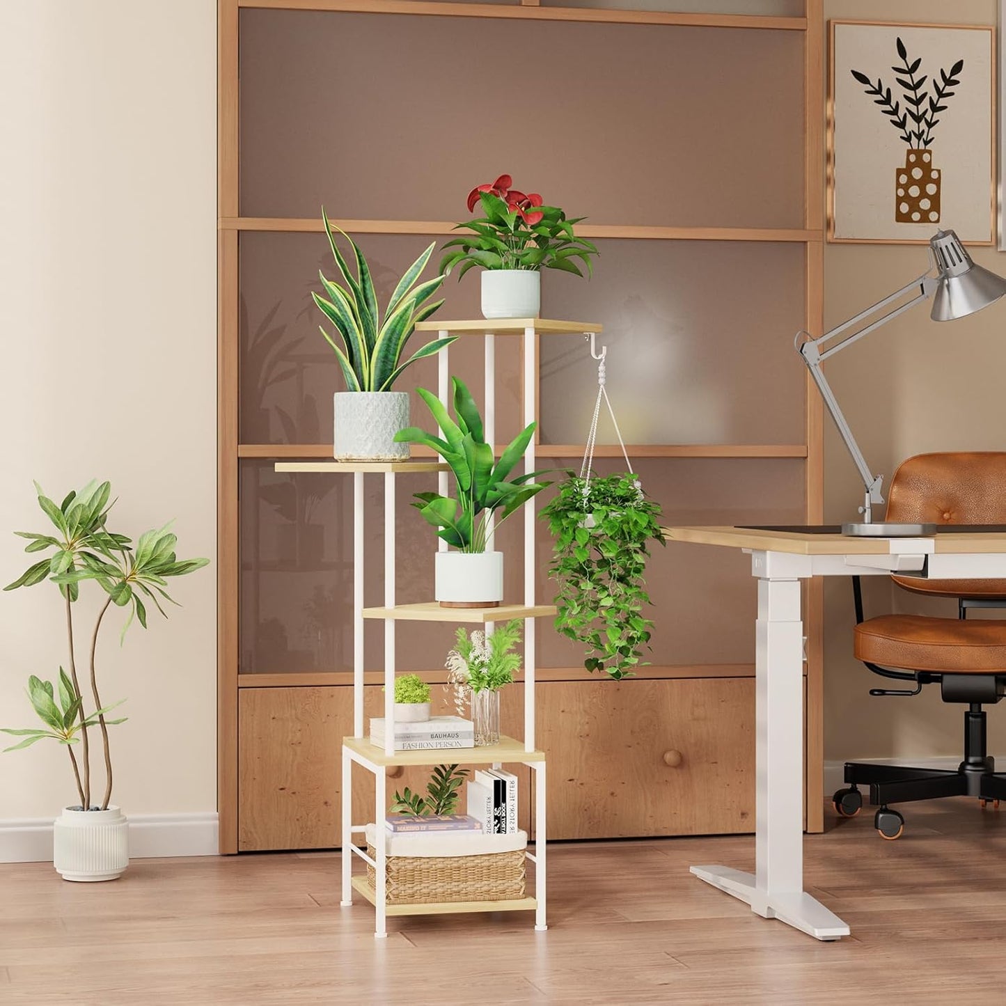 Plant Stand Indoor with Grow Light, 5-Tiered Tall Plant Stand Indoor, Metal Plant Shelf with Hanging Basket Hook and Adjustable Light, Ideal for Living Room, Garden, Patio (Maple)