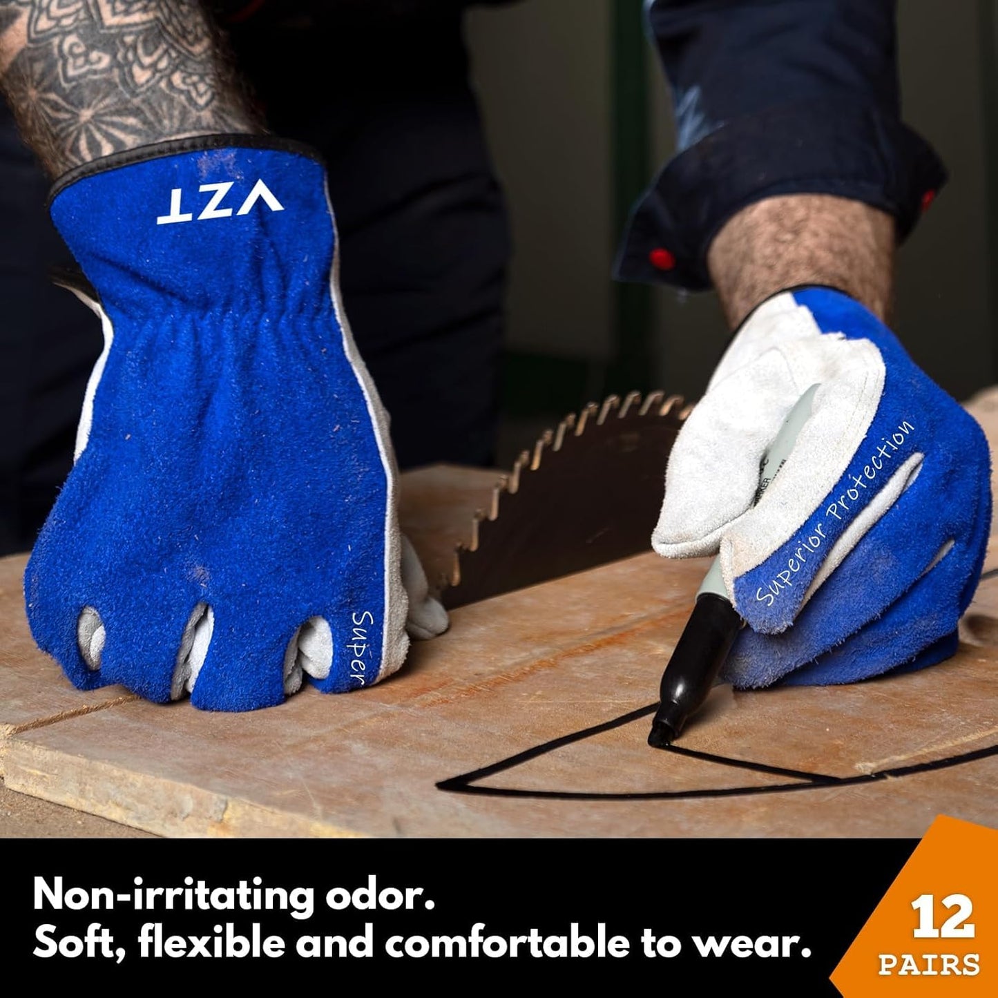 12 Pairs Bulk Leather Work Gloves for Men or Women for Construction, Wood cutting, Driving, Gardening, Automotive Repair, Soft, Cowhide, Class 4 Abrasion Resistant, Blue-White, XXL.