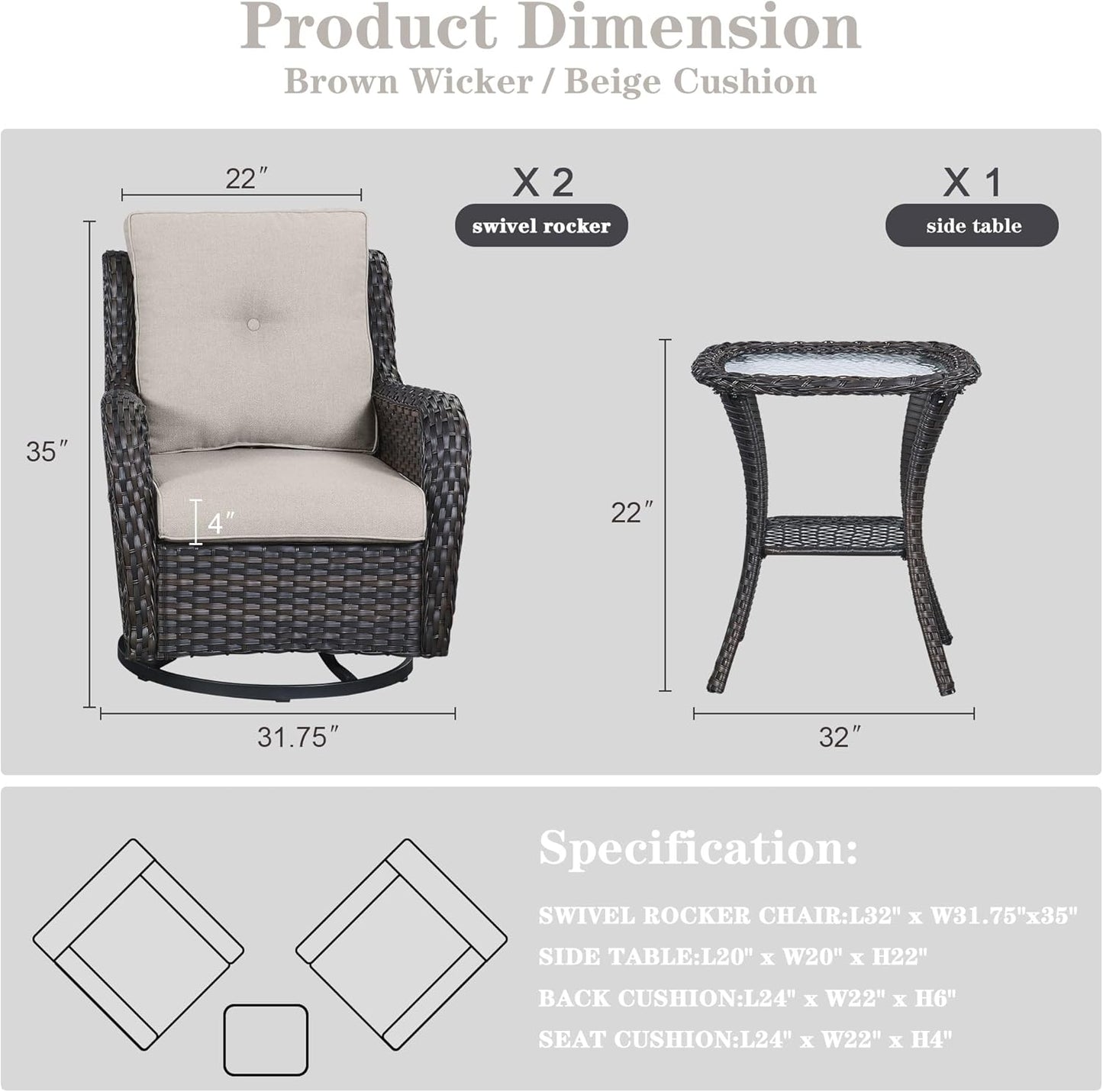 Patio Furniture Set Swivel Rcoker - 3 Pieces Outdoor Glider Rocking Chairs with Small Side Table, Wicker Chair Sets for Porch, Balcony and Garden