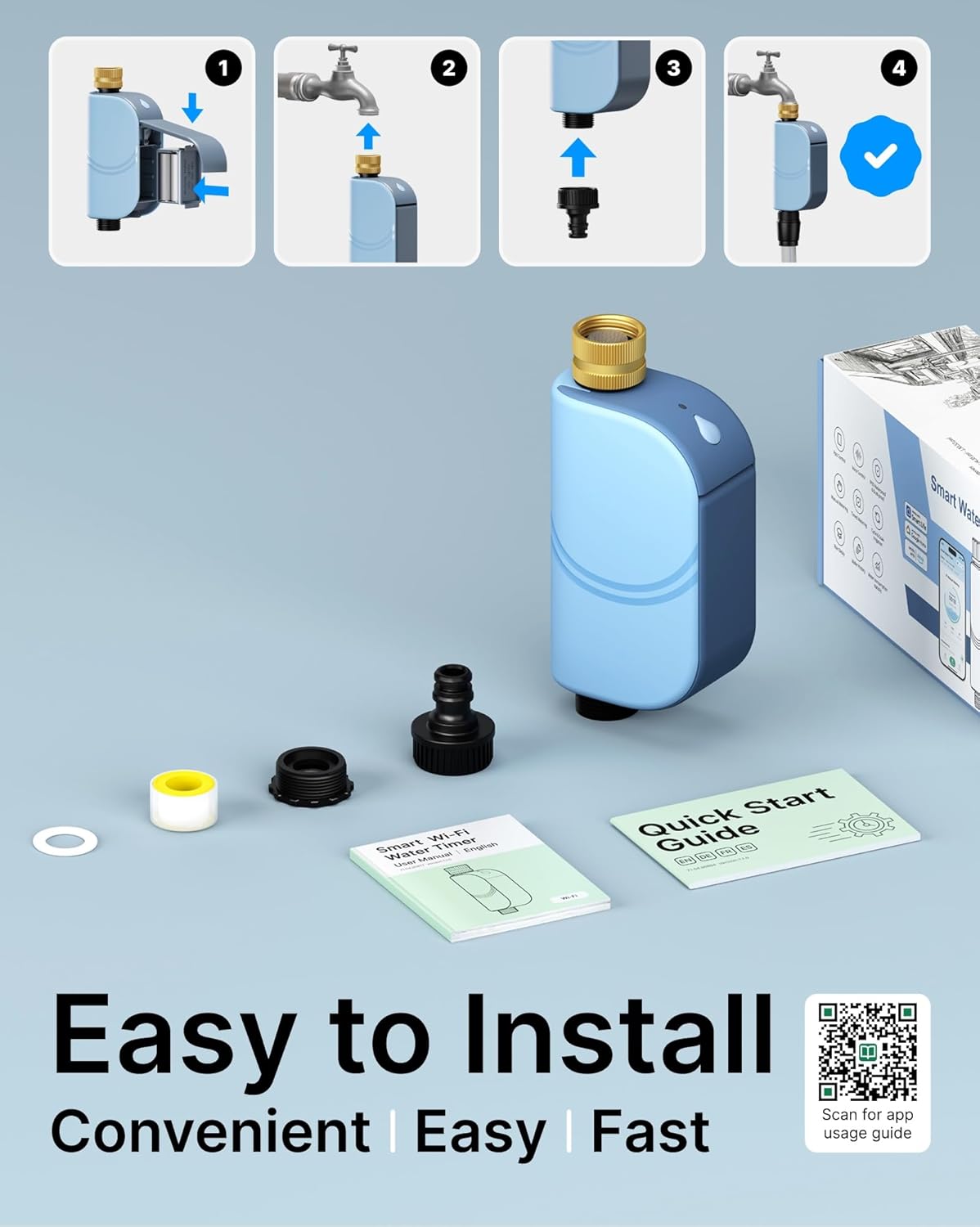 WiFi Water Timer for Garden Hose, Smart Sprinkler Controller with Heavy-Duty Brass Inlet & Flow Meter, No Hub Required, App Control Rain Delay Outdoor Hose Valve
