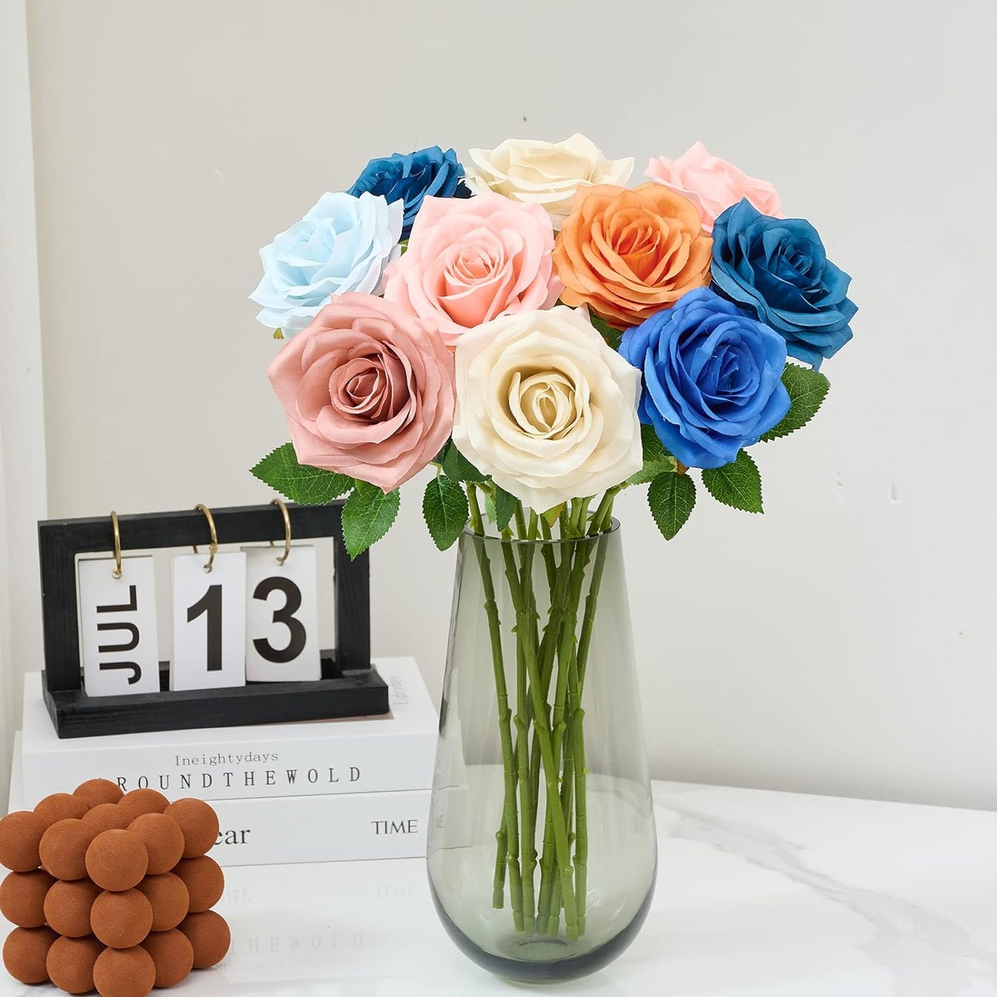 Artificial Rose 10pcs Ice Blue Open Flower Bouquet Faux Rose Stems for Wedding Arrangement, Bridal Bouquet, Centerpiece, Fake Faux Silk Flowers (Ice Blue)