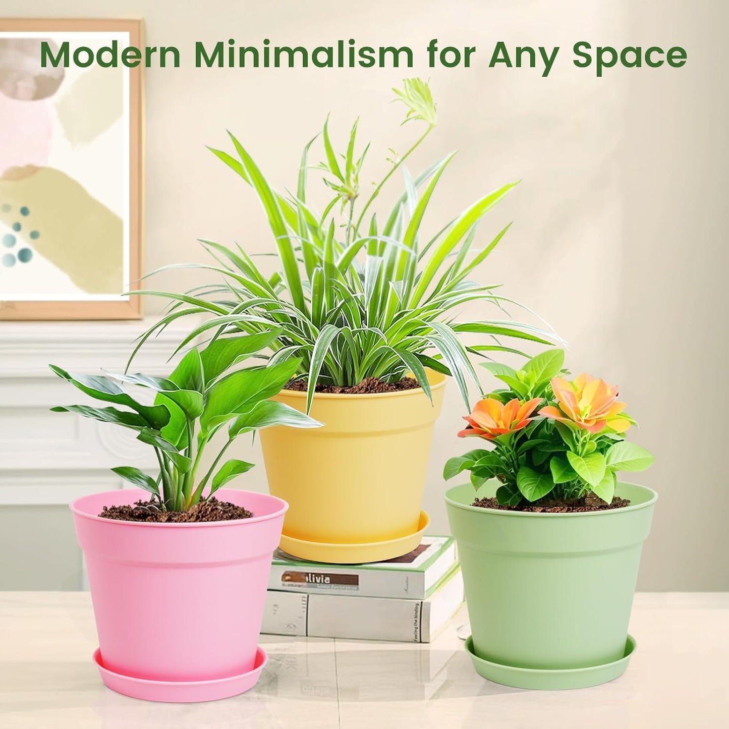 10 Pack 6 Inch Plant Pots with Drainage and Saucers, Plastic Flower Pots for Indoor and Outdoor Plants, Stackable Nursery Planters for Houseplants and Herbs, Colorful