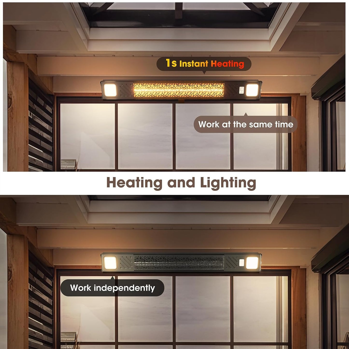 Wall-Mounted Electric Heater Hanging Patio with Light Ceiling Outdoor, 1500W Infrared 9 Heat Levels, 24H Timers, 1s Heating Carbon Fiber Tube Wall Heater for Backyard, Garage