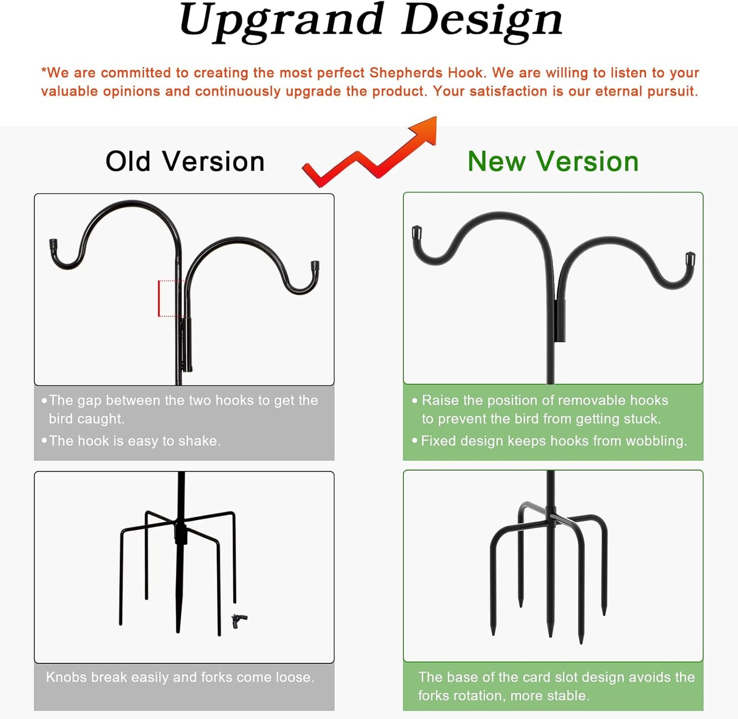 Gtongoko Double Shepherds Hook for Outdoor, 92 Inch Bird Feeder Pole with 5 Prongs Base, 5/8 Inch Thick Heavy Duty Adjustable Garden Hook for Hanging Plant, Lantern, Hummingbird Feeder, 1 Pack