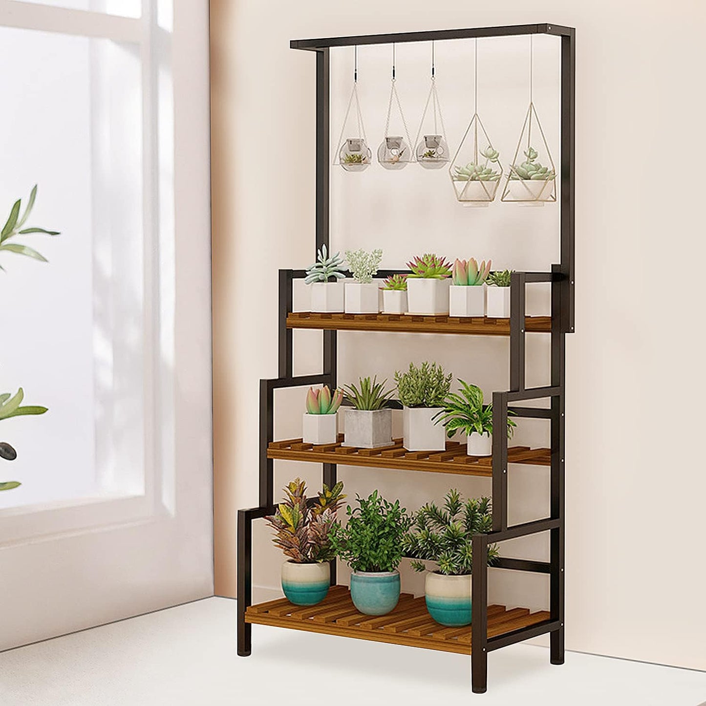 3-Tier Hanging Plant Stand Indoor, 68 Inch Tall Metal Plant Shelf for Indoor Multiple Plants, Large Plant Pot Stand Holder, Heavy Duty Ladder Shape Plant Rack for Living Room, Patio, Balcony