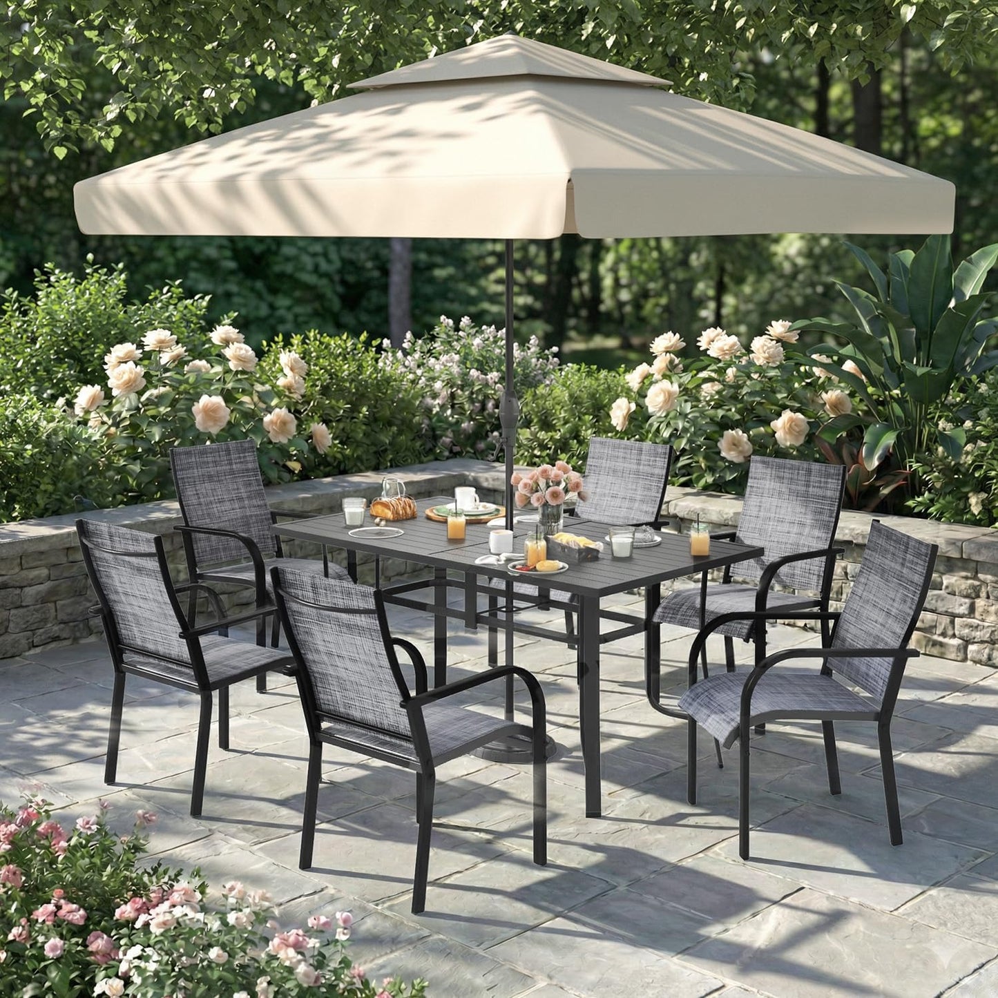 7 Pieces Patio Table and Chairs Set, 63" Metal Dining Table with Umbrella Hole & 6 Textilene Fixed Chairs, Dining Table Set for 6, Outdoor Furniture for Porch Deck Backyard Balcony, Grey