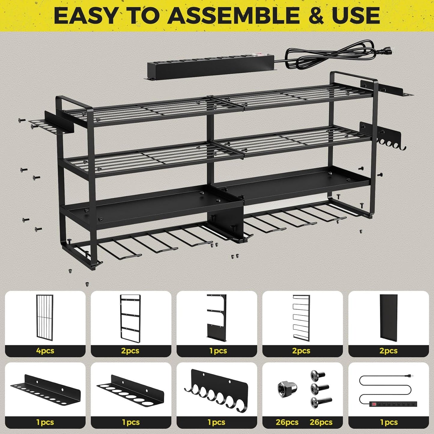 3 Pack Power Tool Organizer Wall Mount with Charging Station, 8 Outlet Power Strip & 4 Layers Storage Rack with 8 Drill Holders for Cordless Tools, Heavy Duty Utility Racks for Garage Workshop