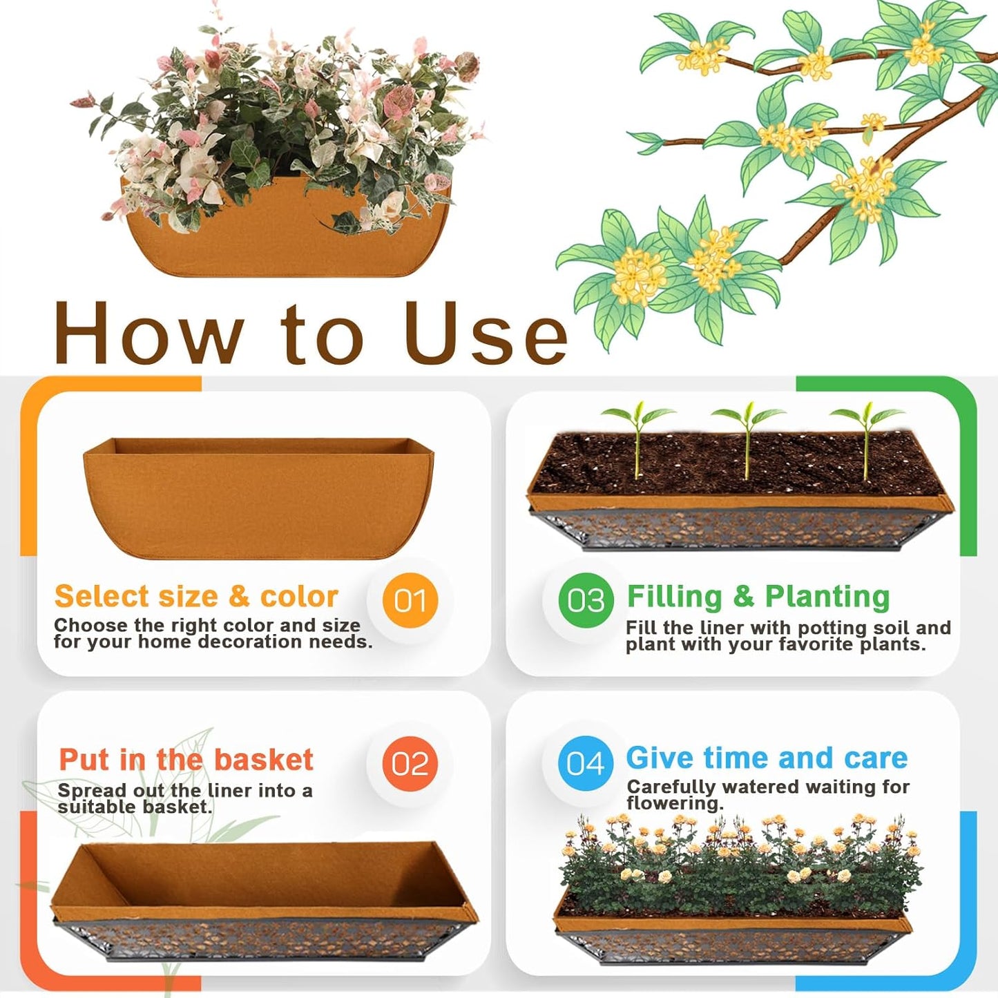 2-Pack 30in Planter Liners - Breathable Felt Hanging Basket and Window Box Liners - Prevent Root Suffocation and Bird Damage - Black