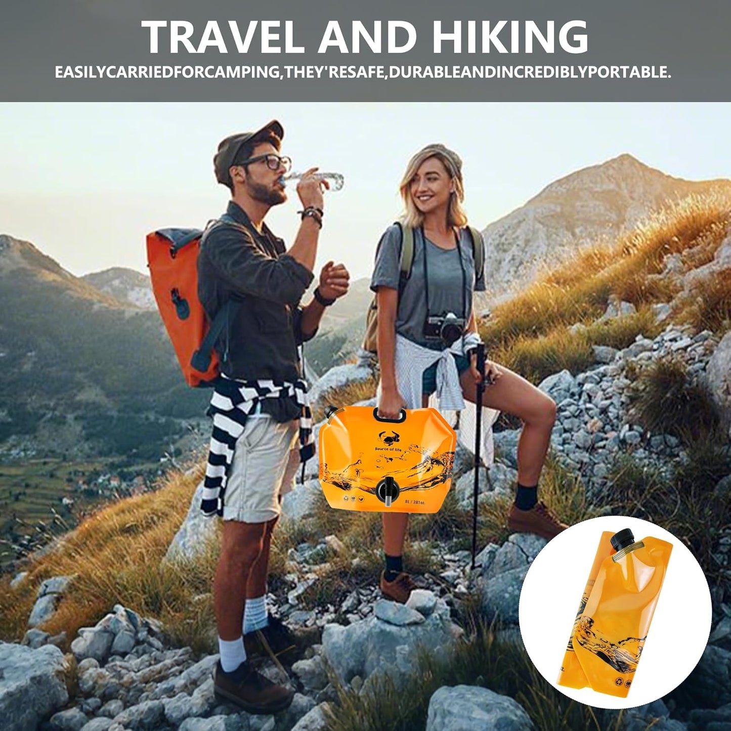 Collapsible 8L Water Storage Bag, BPA-Free Portable Folding Water Jug with Adjustable Faucet, Leakproof Emergency Water Bag for Camping, Hiking, Riding, Outdoor Sport (Blue & Orange 2)