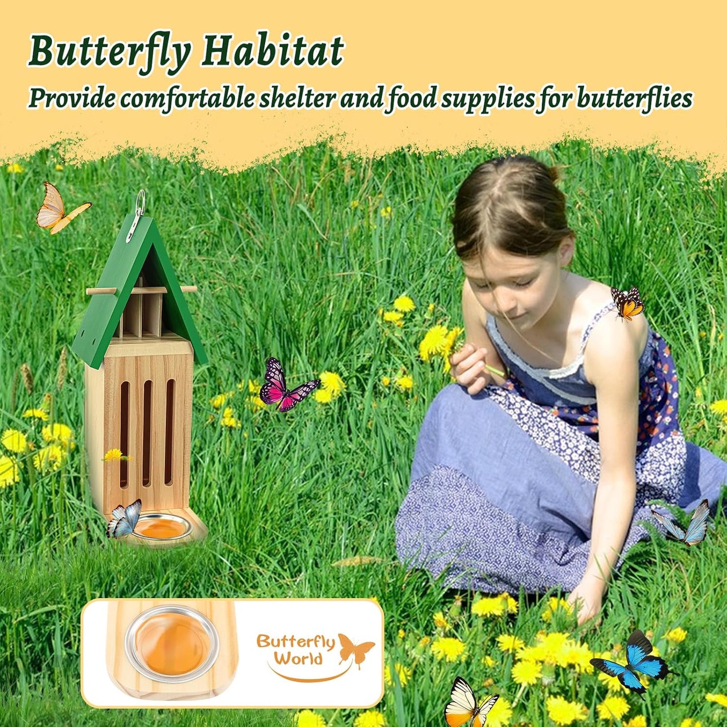 Butterfly House and Feeder for Outside, Wooden Butterfly House for Garden, Natural Butterfly Habitat with Butterfly Puddler on The Floor or Hanging on Tree Wall
