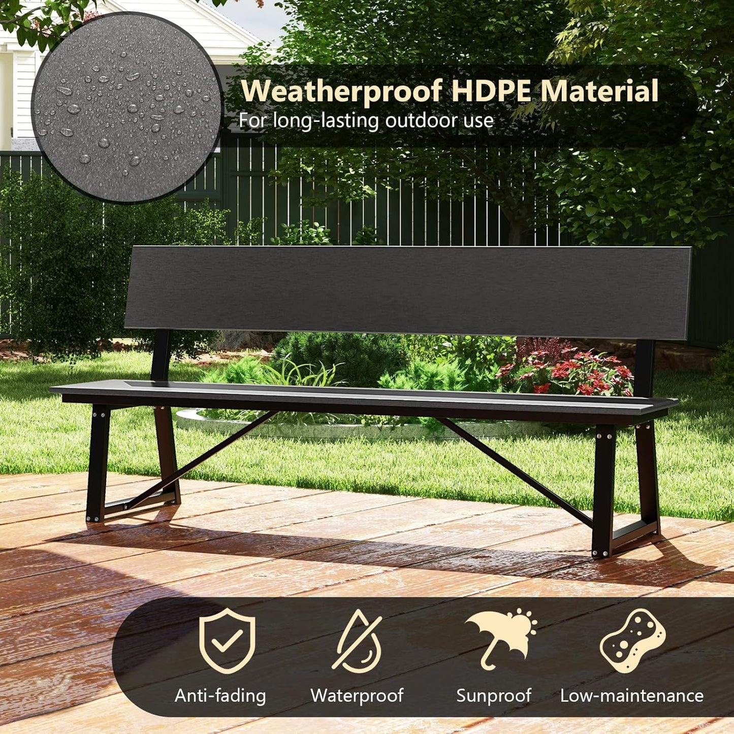 Tangkula 72” Outdoor Bench, Extra Long Patio HDPE Bench for 4 People, 1100 lbs Weight Capacity, Heavy-Duty Patio Picnic Dining Bench for Garden, Porch, Lawn, Backyard & Park