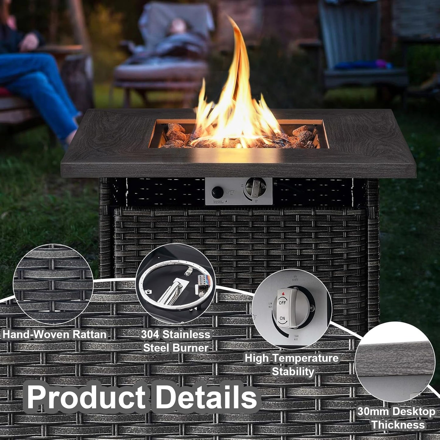 HUMMUH 7 Piece Patio Furniture with Fire Pit 30in 55,000 BTU,PE Wicker Outdoor Conversation Sets - Couch,Patio Swivel Chairs and Ottomans,Side Table for Porch,Garden,Backyard