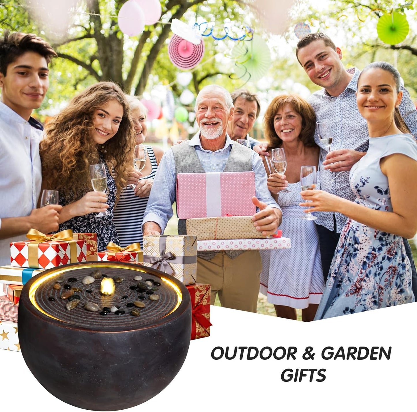 Outdoor Water Fountain with LED Lights, 12.2" Tall Round Bowl Cascading Fountain for Patio Garden Yard Porch Backyard, Resin Outdoor Water Feature Decor