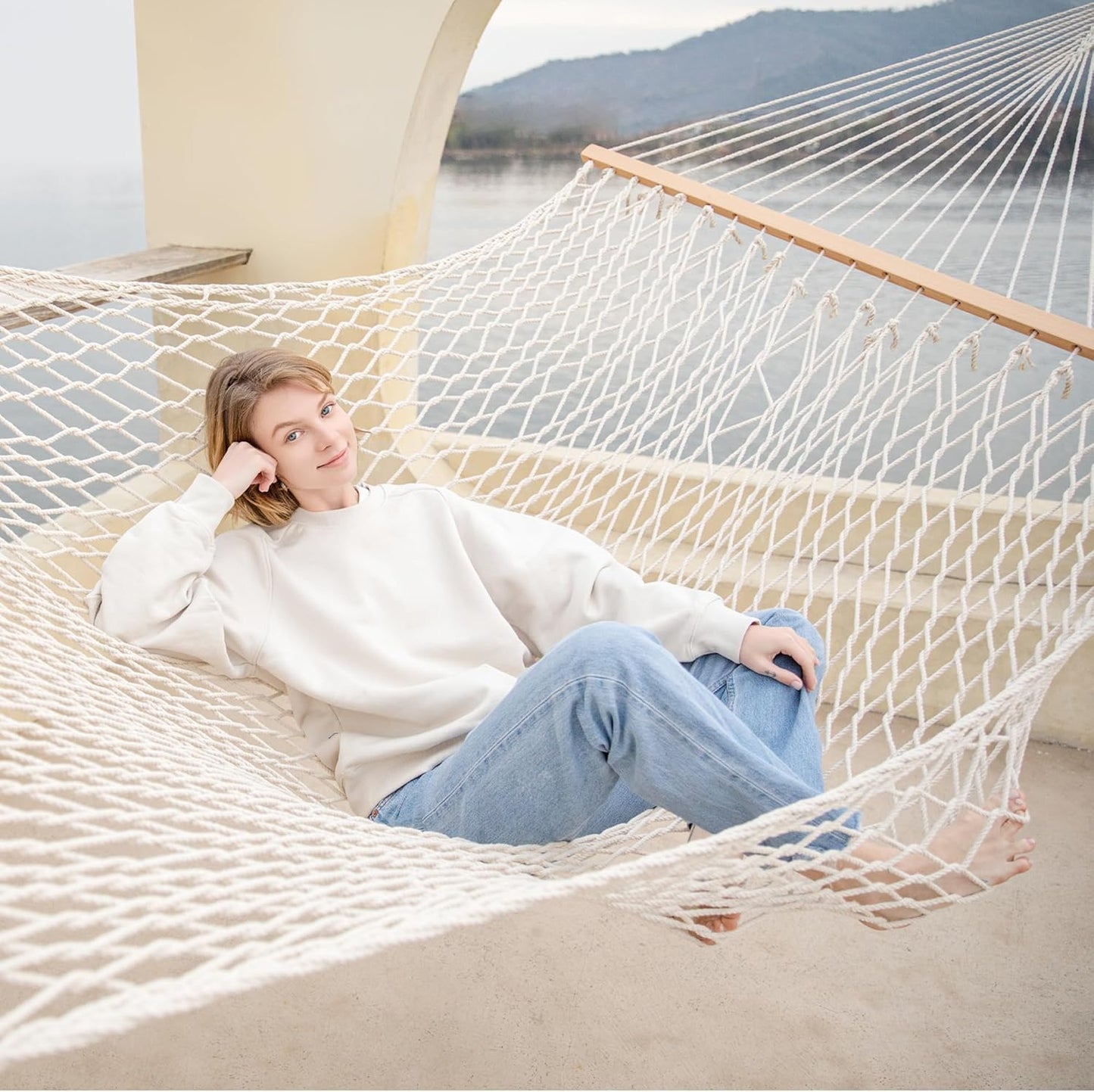 GAFETE 12ft Double Hammocks for Outside, Handwoven Traditional Cotton Rope 2 Person Hammock with Hardwood Spreader Bar, Chains & Hooks for Indoor Outdoor, Max 450 lbs Capacity (Natural Beige, Medium)