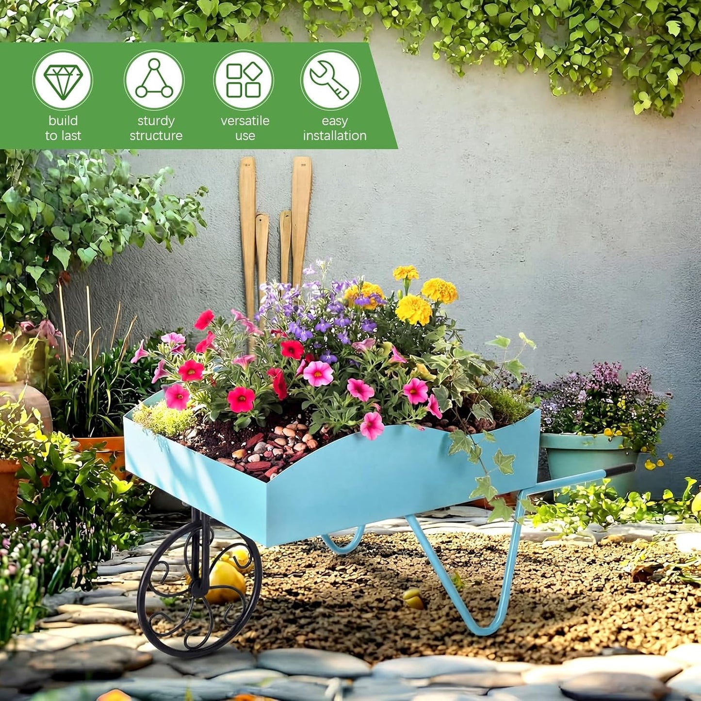 BBTO 2 Pcs Metal Wagon Planter Flower Cart Wheelbarrow Flower Pot Stand with Wheels, Handle - Vintage Garden Wagon for Vegetables Herbs, Indoor Outdoor Decorative Cart for Home Balcony Patio Backyard