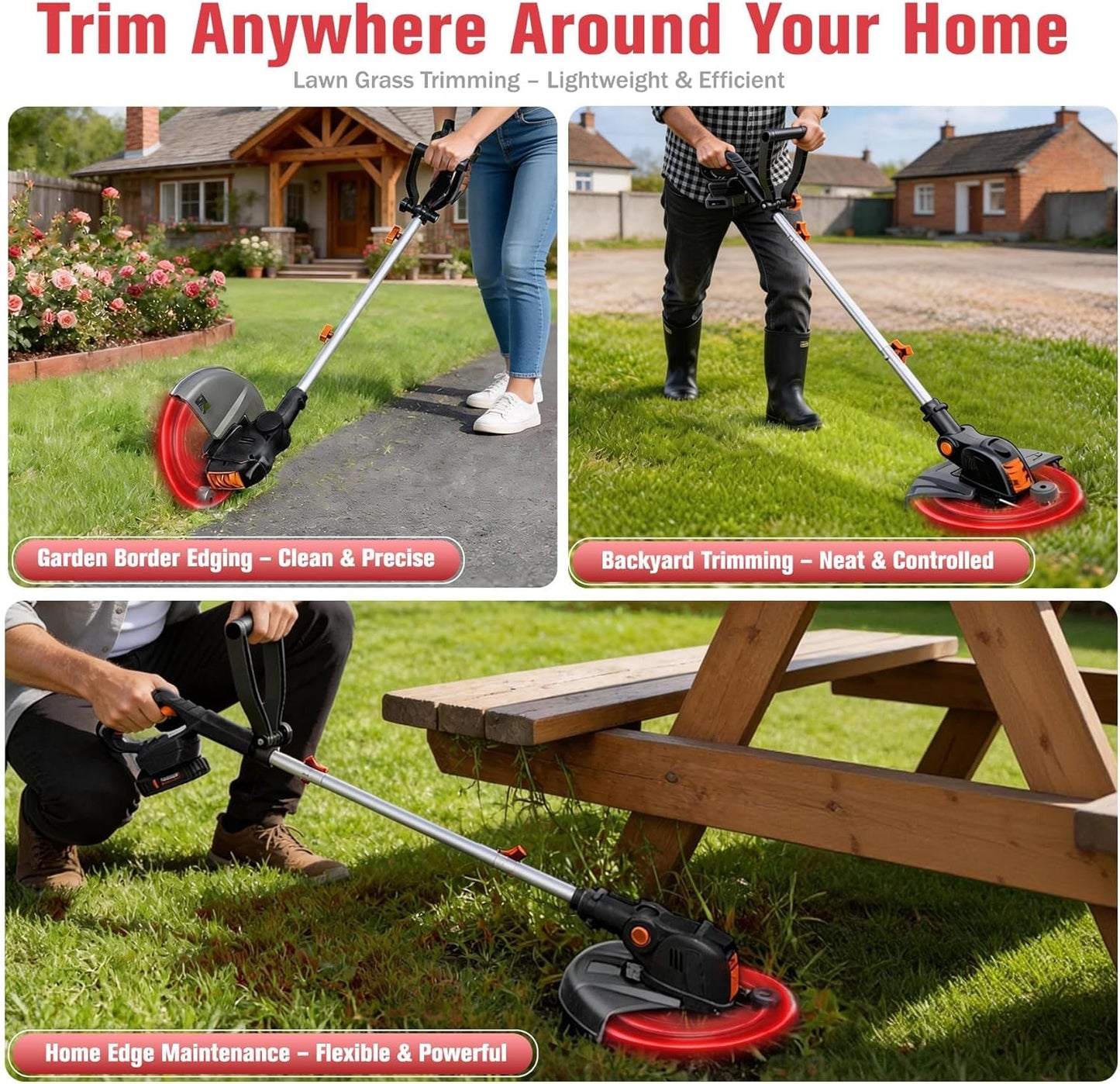 Electric Weed Wacker String Trimmer:2 x 4.0Ah Batteries Cordless Weed Eater 21V Battery Powered with 12" Cutting Width, Eco Friendly Grass Cutter Edger Lawn Tool with Fast Charger